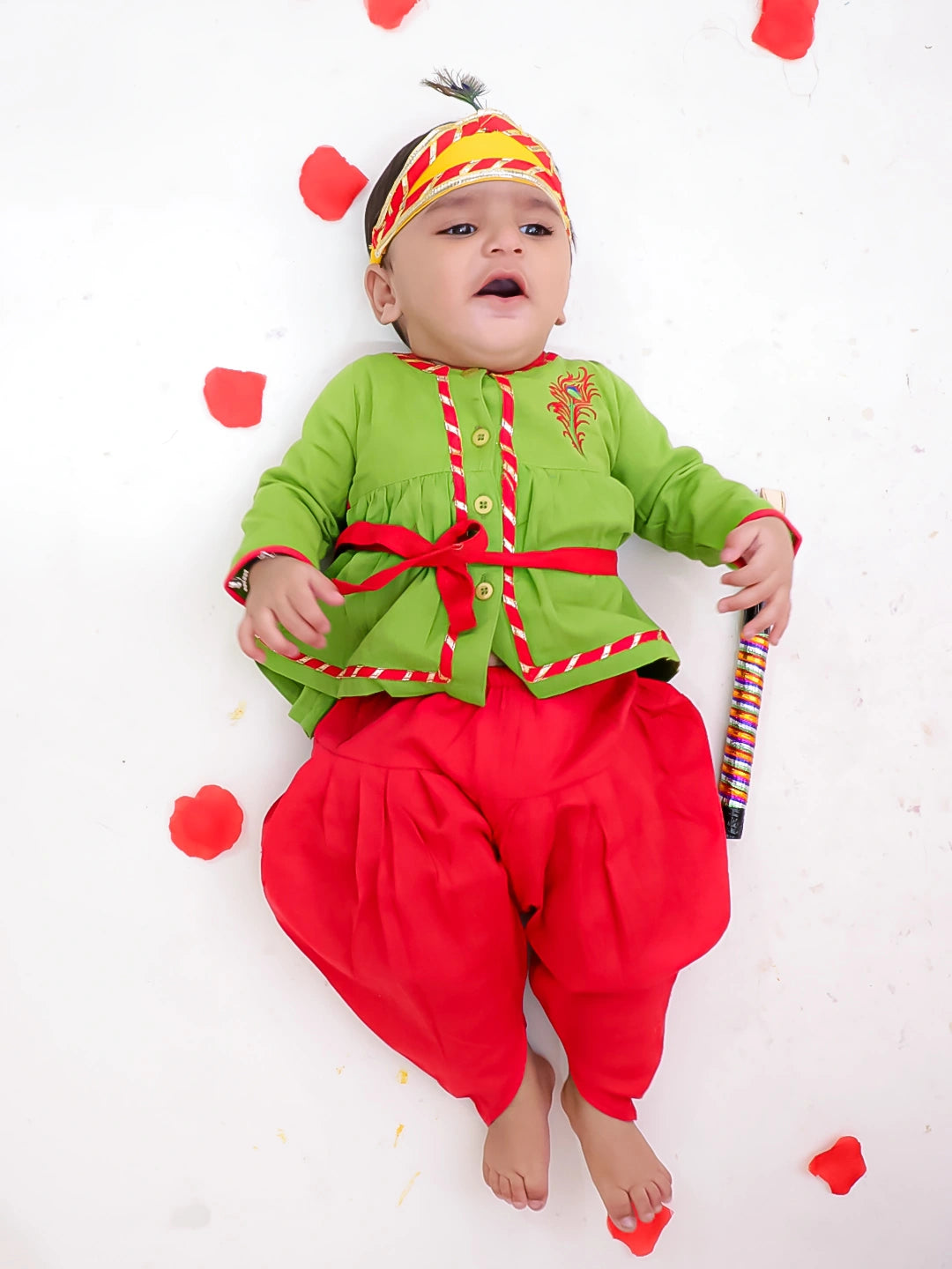 BownBee Pure Cotton Embroidered Radha Kurti Dhoti Set With Mukut , Bansuri & Belt For Infant  Girls - Green