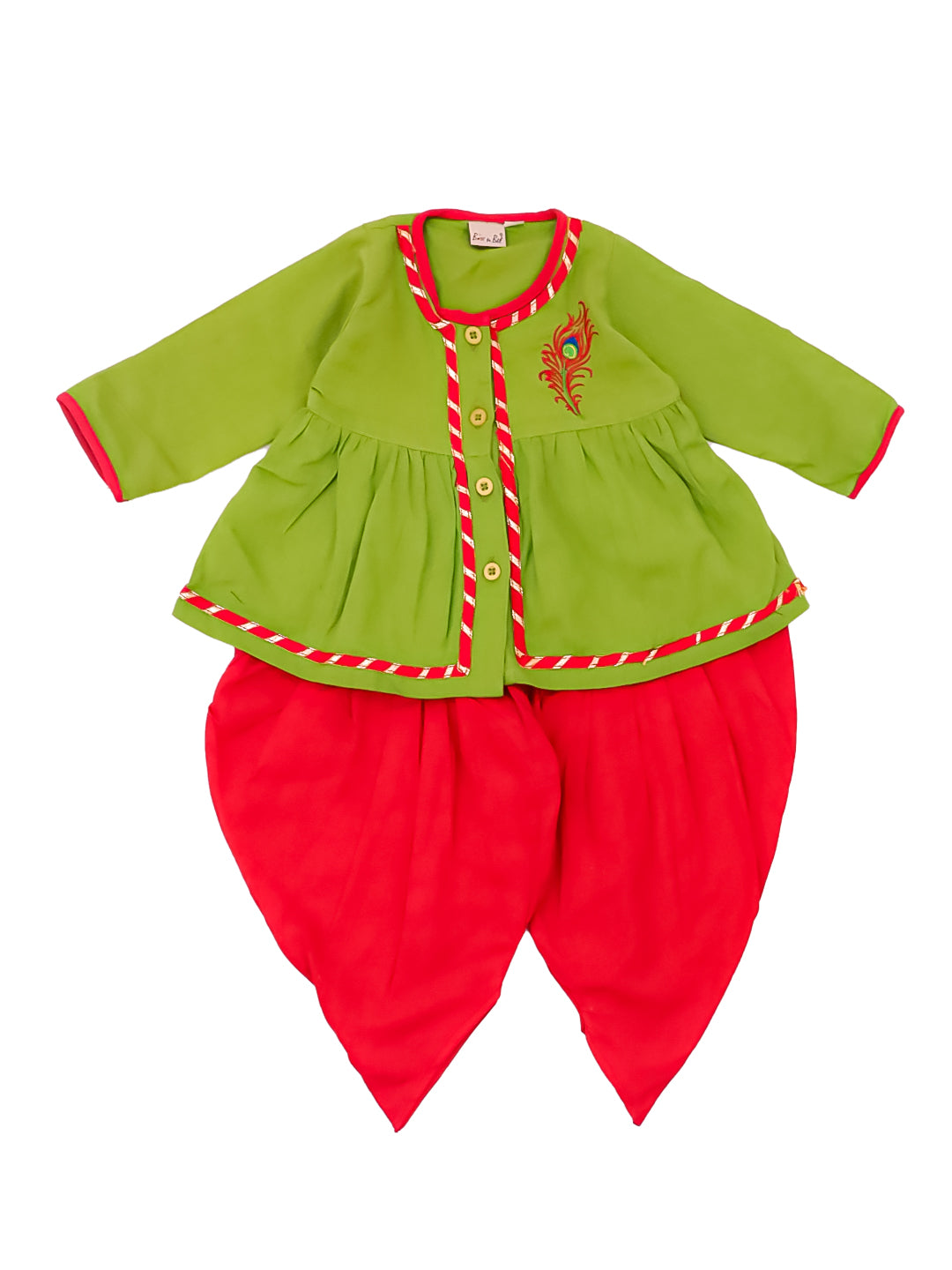 BownBee Pure Cotton Embroidered Radha Kurti Dhoti Set With Mukut , Bansuri & Belt For Infant  Girls - Green