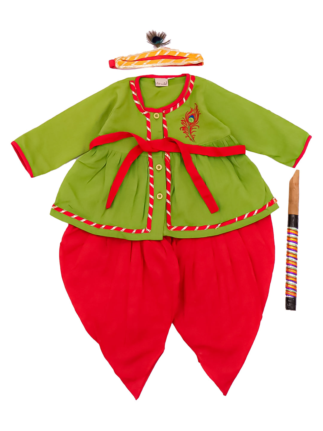 BownBee Pure Cotton Embroidered Radha Kurti Dhoti Set With Mukut , Bansuri & Belt For Infant  Girls - Green