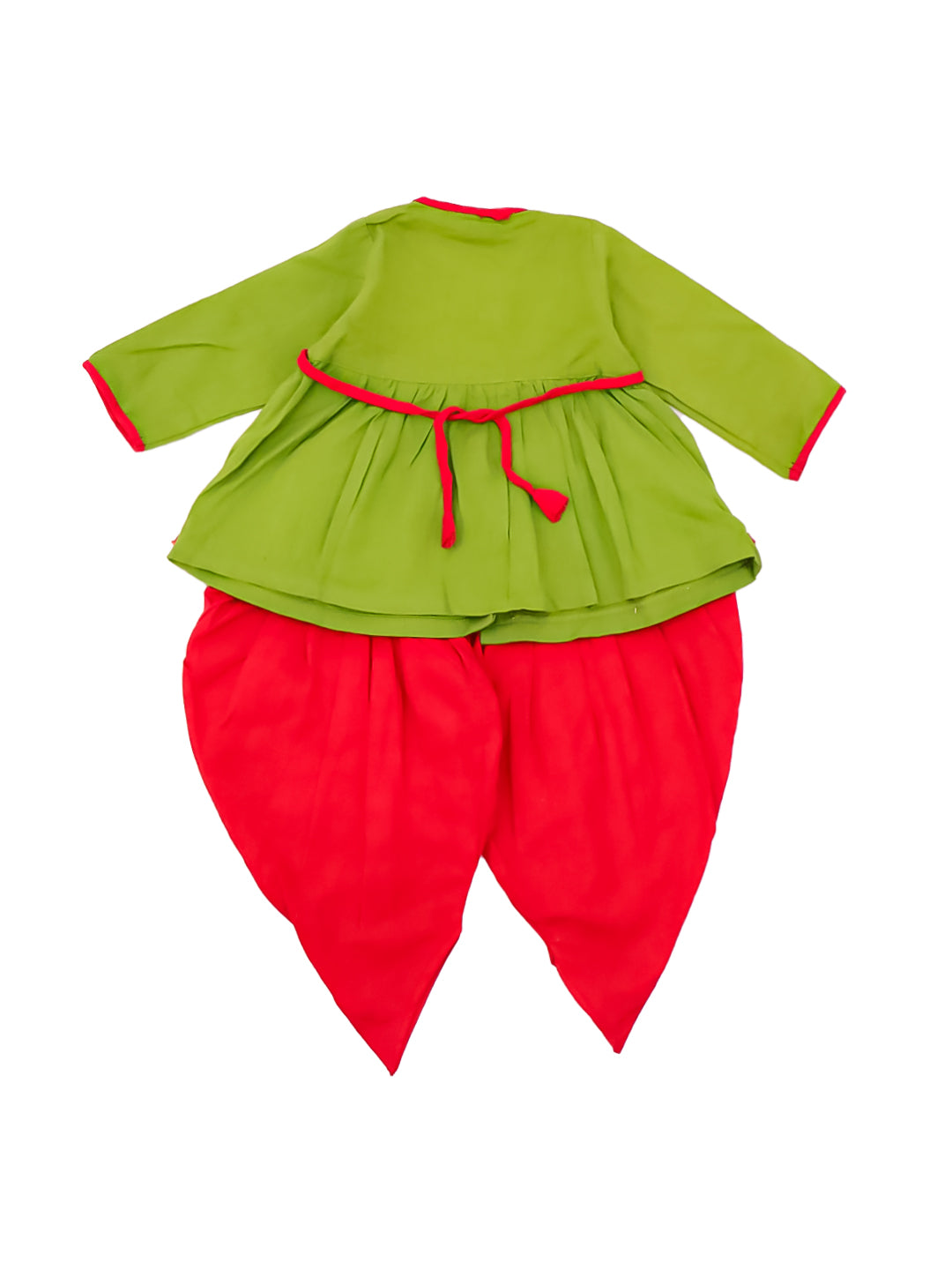 BownBee Pure Cotton Embroidered Radha Kurti Dhoti Set With Mukut , Bansuri & Belt For Infant  Girls - Green