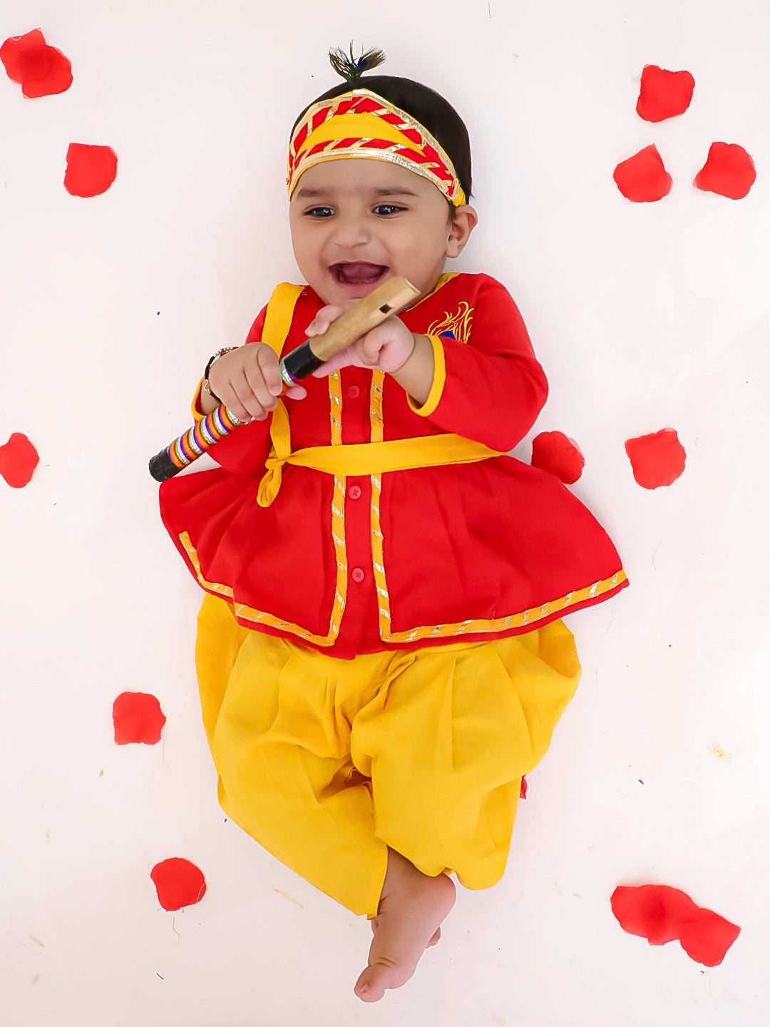 BownBee Pure Cotton Embroidered Radha Kurti Dhoti Set With Mukut , BAnsuri & Belt For Infant  Girls - Red