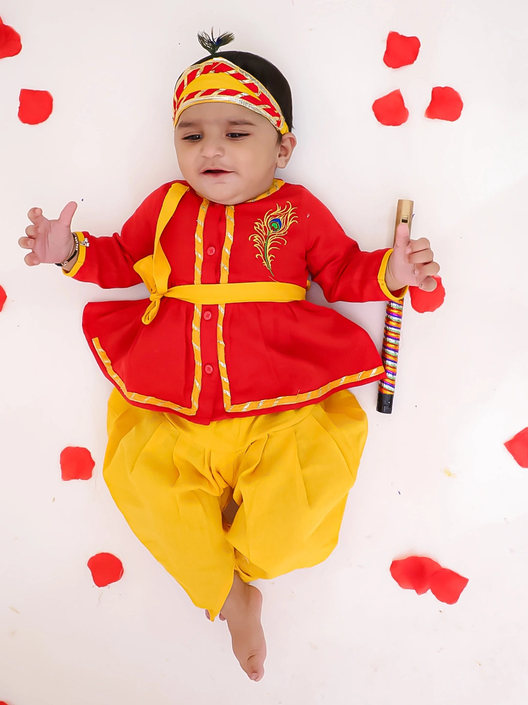 BownBee Pure Cotton Embroidered Radha Kurti Dhoti Set With Mukut , BAnsuri & Belt For Infant  Girls - Red