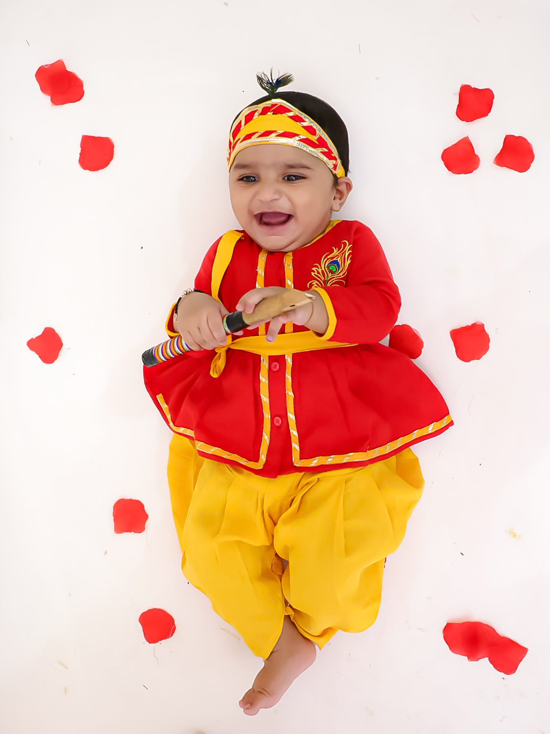 BownBee Pure Cotton Embroidered Radha Kurti Dhoti Set With Mukut , BAnsuri & Belt For Infant  Girls - Red