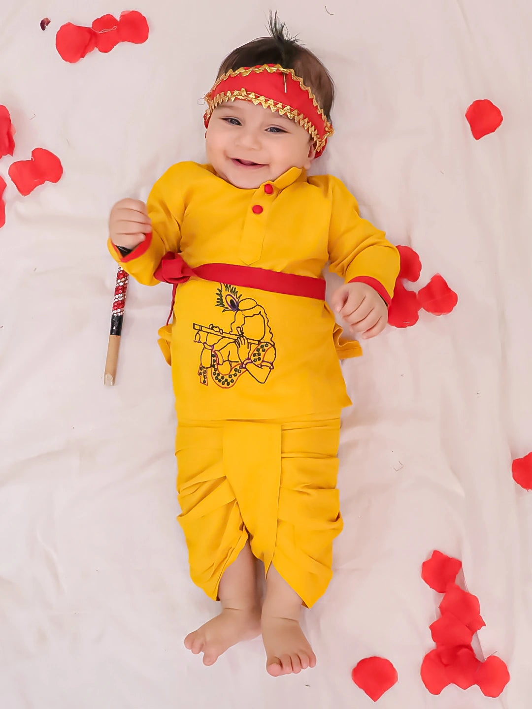 BownBee Pure Cotton Embroidered Kanhaiya Dhoti Kurta With Bansuri , Mukut & Belt For Infant Boys