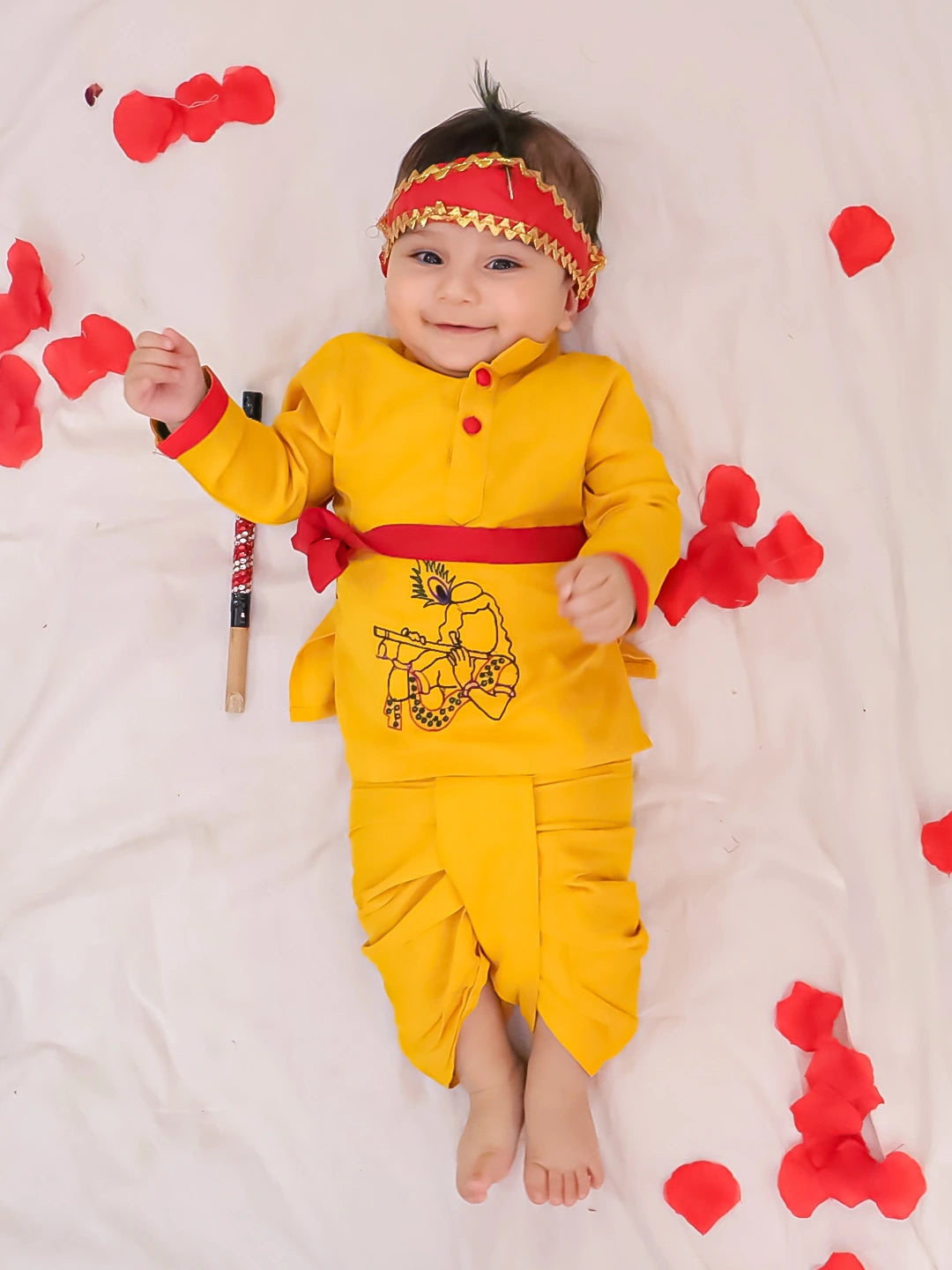 BownBee Pure Cotton Embroidered Kanhaiya Dhoti Kurta With Bansuri , Mukut & Belt For Infant Boys