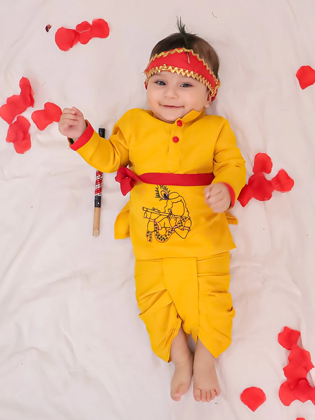 BownBee Pure Cotton Embroidered Kanhaiya Dhoti Kurta With Bansuri , Mukut & Belt For Infant Boys