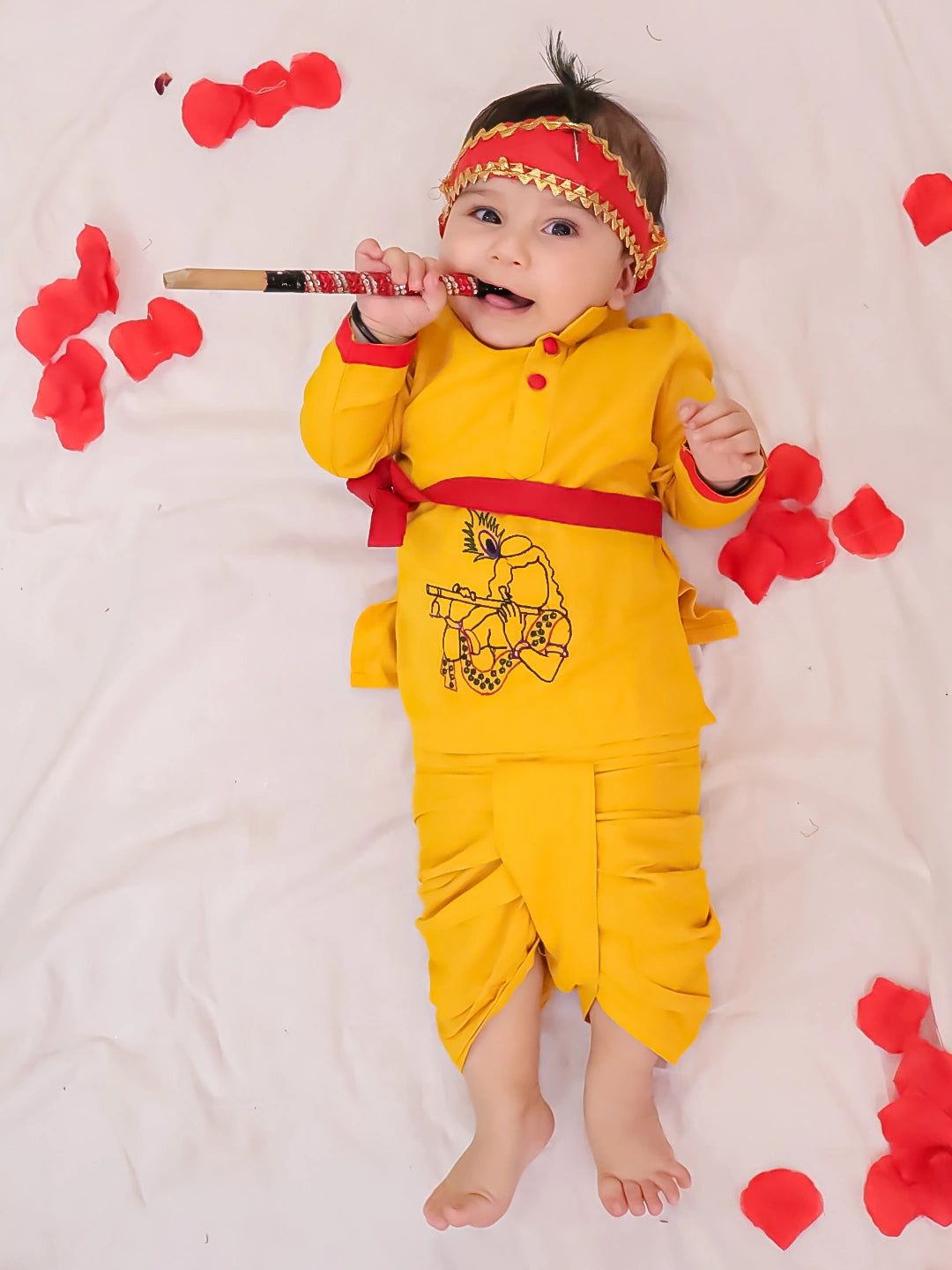 BownBee Pure Cotton Embroidered Kanhaiya Dhoti Kurta With Bansuri , Mukut & Belt For Infant Boys