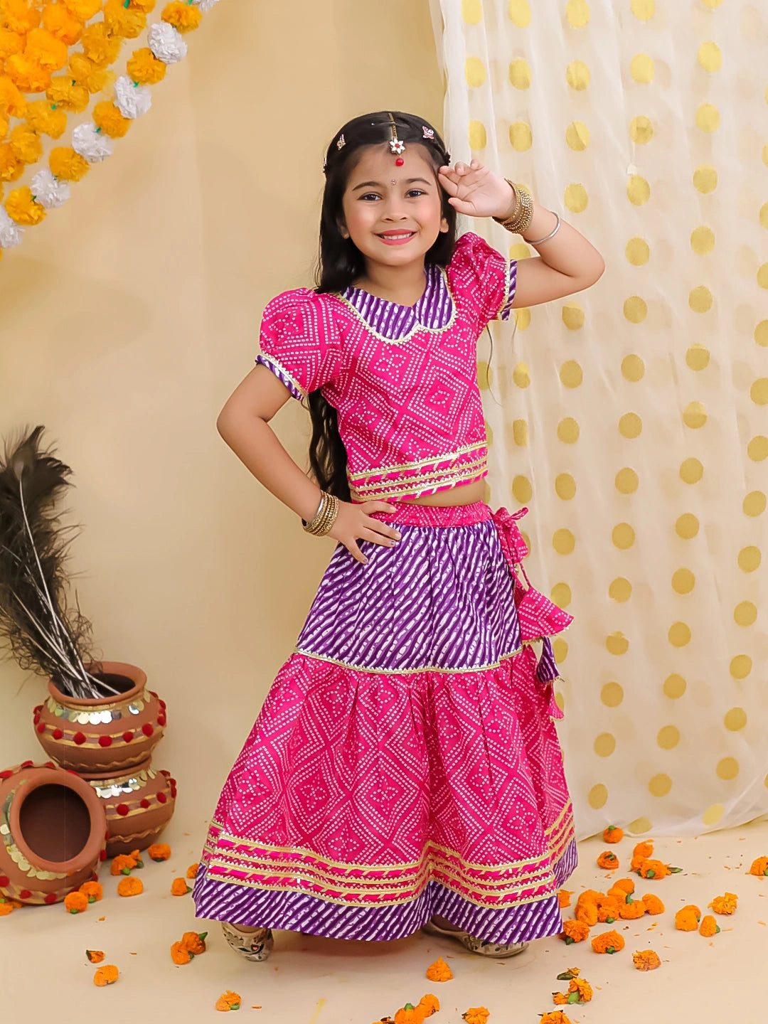 BownBee Bandhani Pure Cotton Short Sleeves Lehenga Choli Set For Infant Girls -Pink