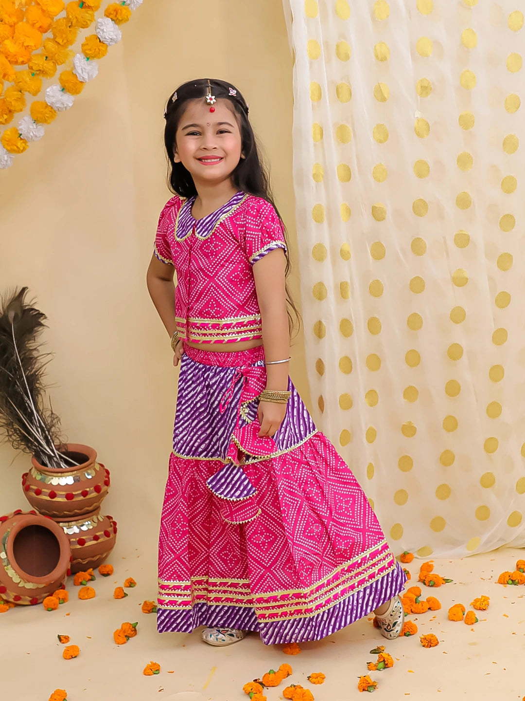 BownBee Bandhani Pure Cotton Short Sleeves Lehenga Choli Set For Infant Girls -Pink