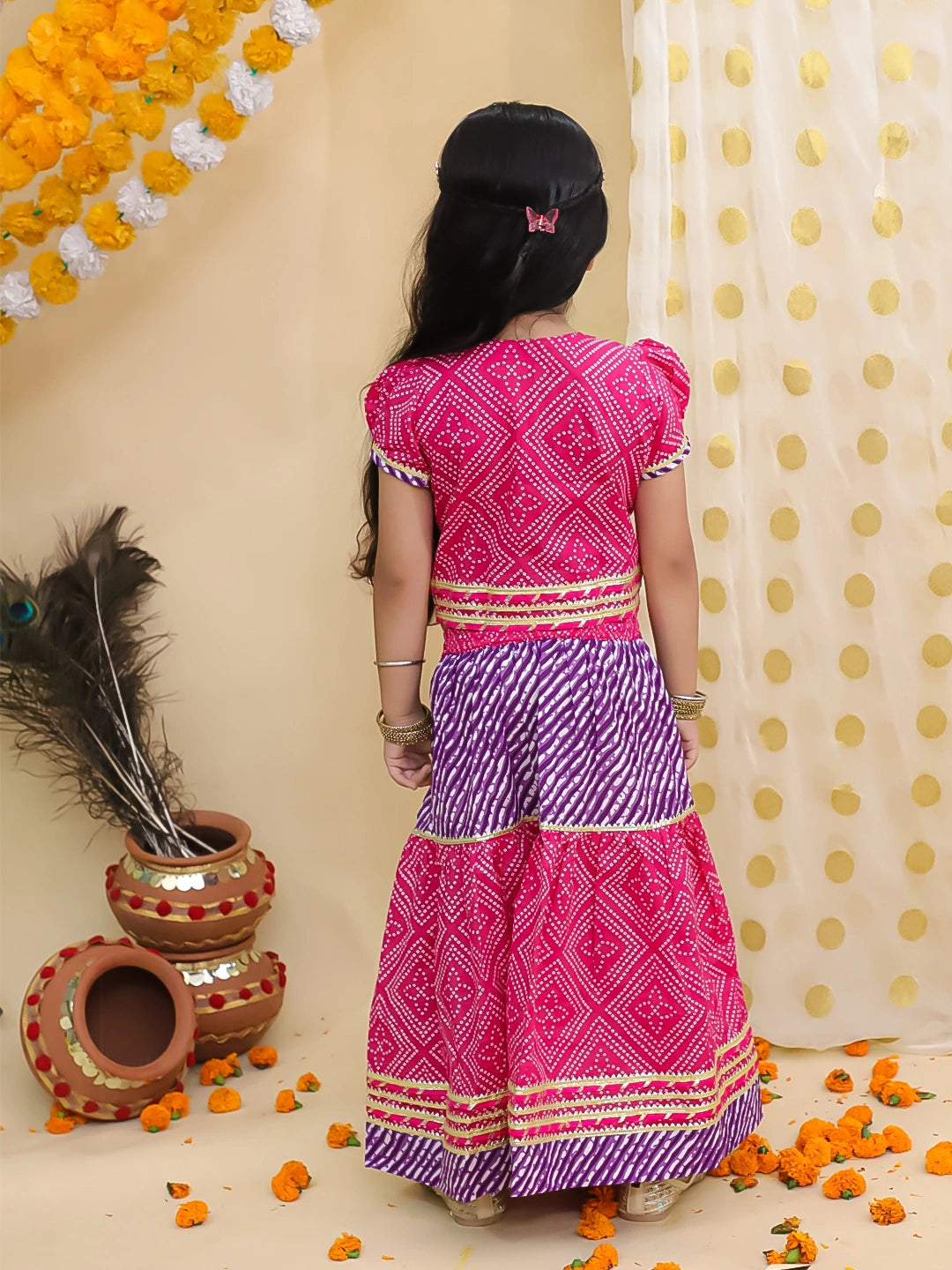 BownBee Bandhani Pure Cotton Short Sleeves Lehenga Choli Set For Infant Girls -Pink