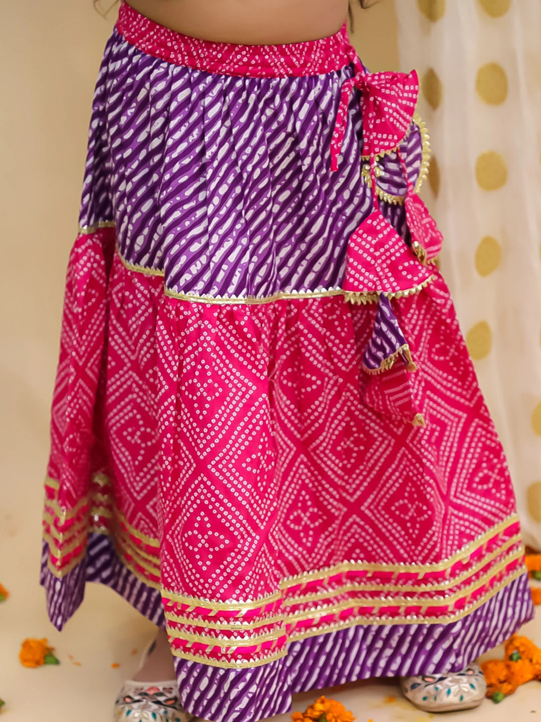 BownBee Bandhani Pure Cotton Short Sleeves Lehenga Choli Set For Infant Girls -Pink