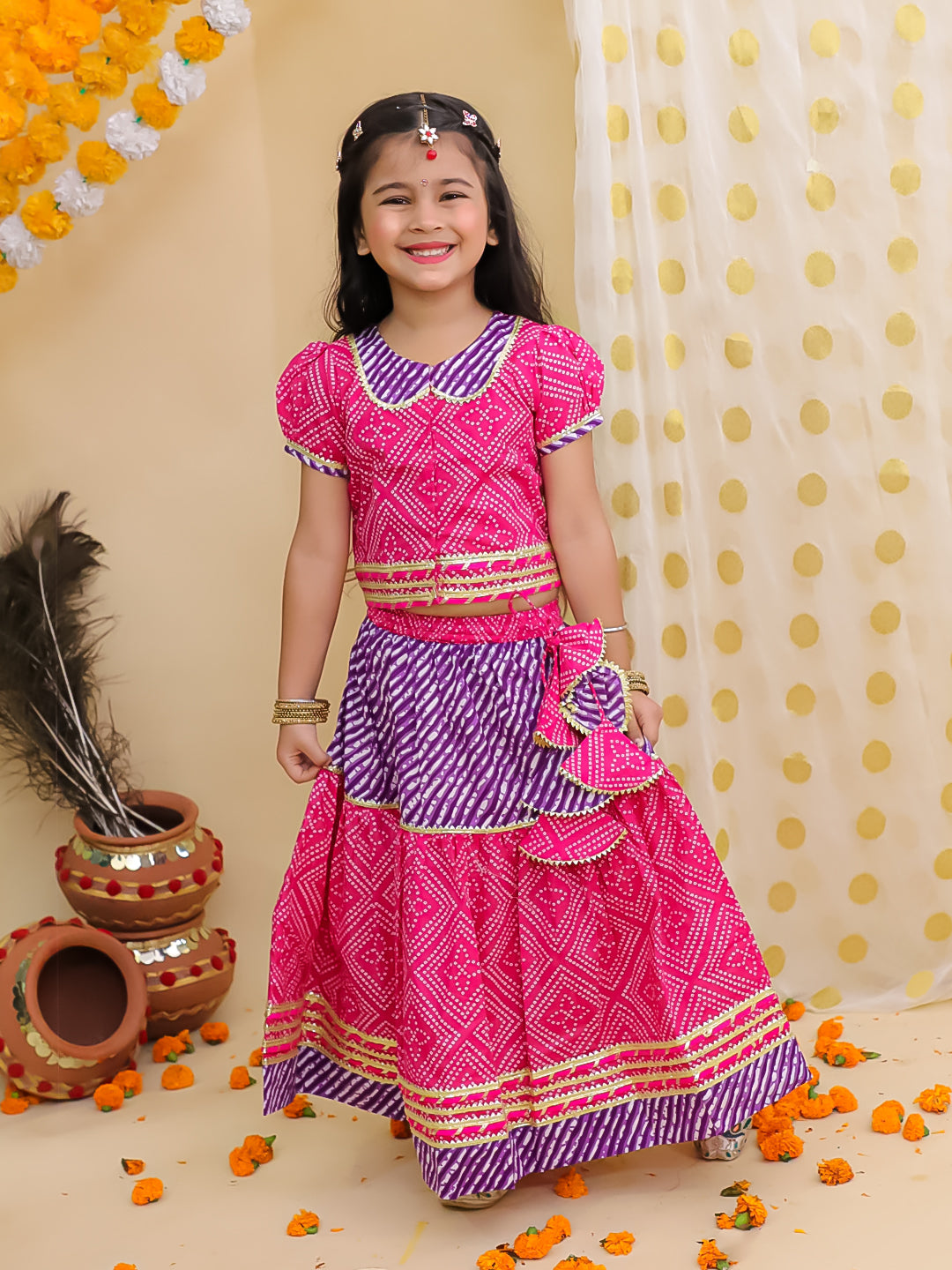 BownBee Bandhani Pure Cotton Short Sleeves Lehenga Choli Set For Infant Girls -Pink