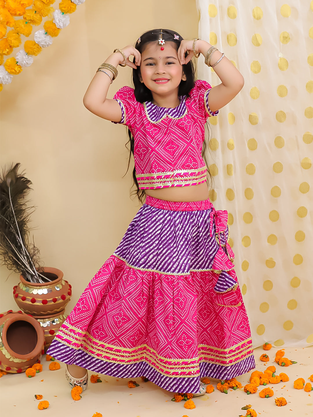 BownBee Bandhani Pure Cotton Short Sleeves Lehenga Choli Set For Infant Girls -Pink