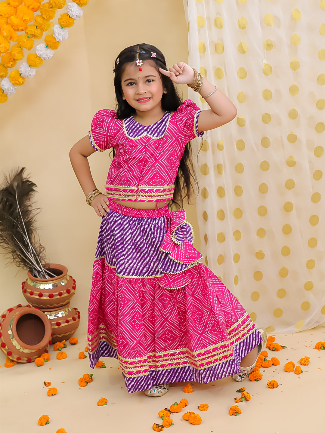 BownBee Bandhani Pure Cotton Short Sleeves Lehenga Choli Set For Infant Girls -Pink