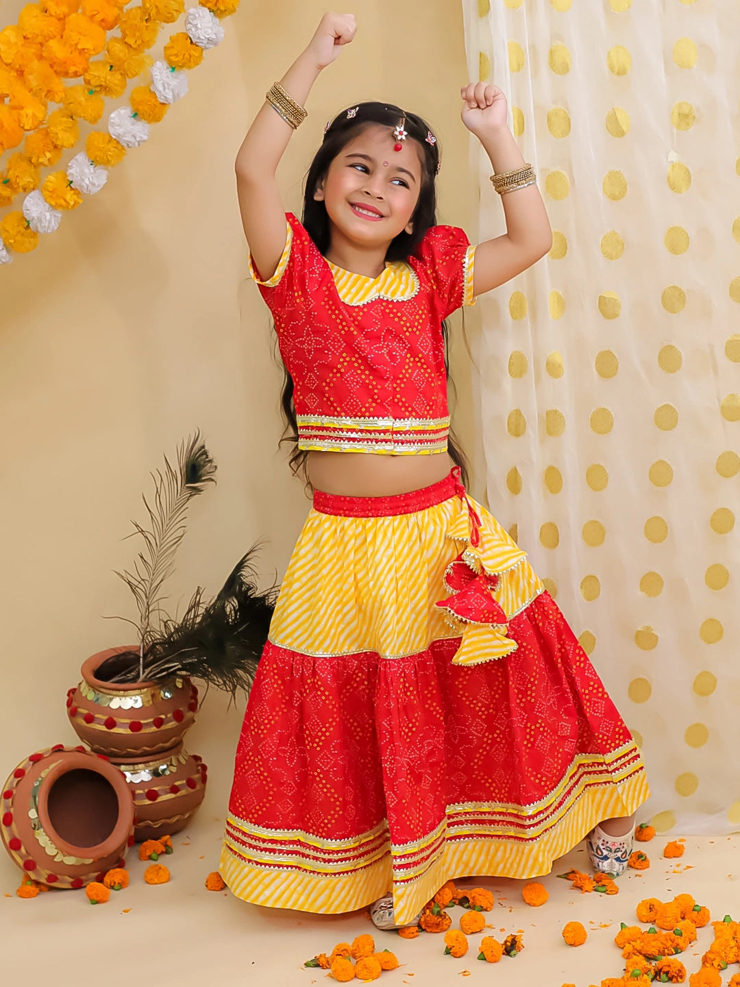 BownBee Bandhani Pure Cotton Short Sleeves Lehenga Choli Set For Girls - Red