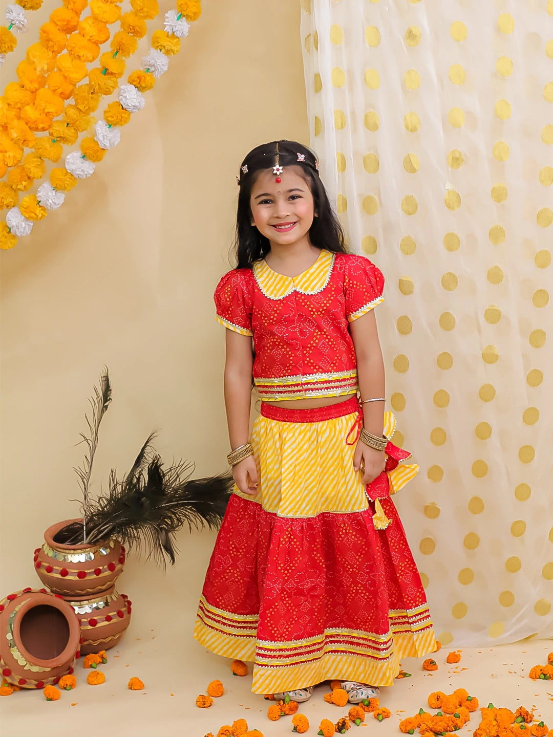 BownBee Bandhani Pure Cotton Short Sleeves Lehenga Choli Set For Girls - Red