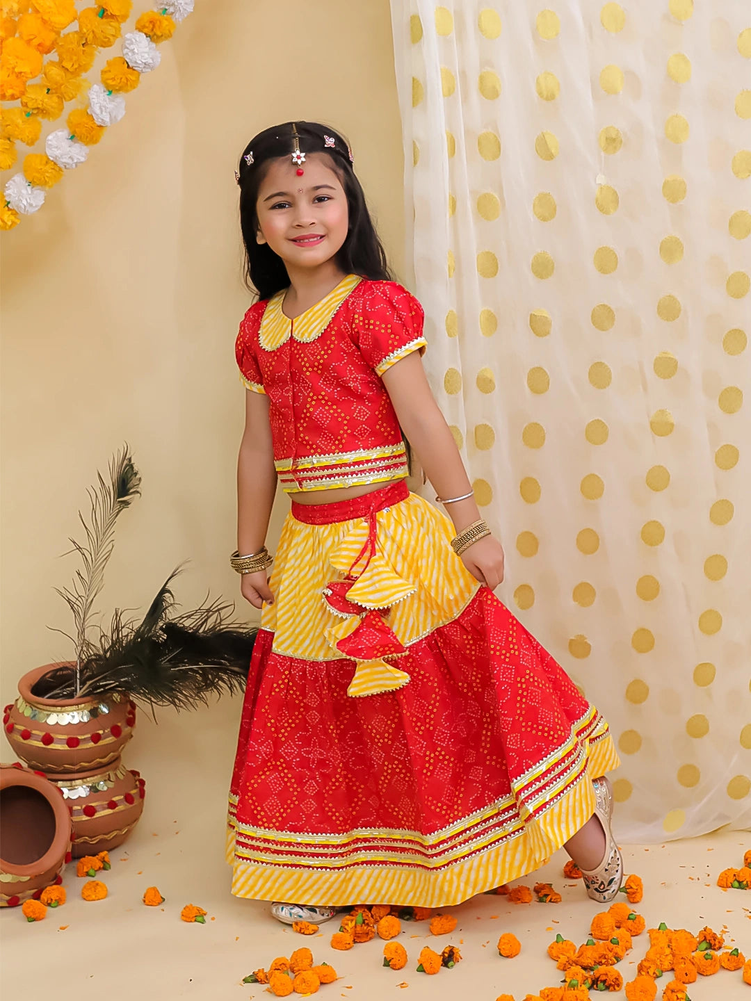 BownBee Bandhani Pure Cotton Short Sleeves Lehenga Choli Set For Girls - Red