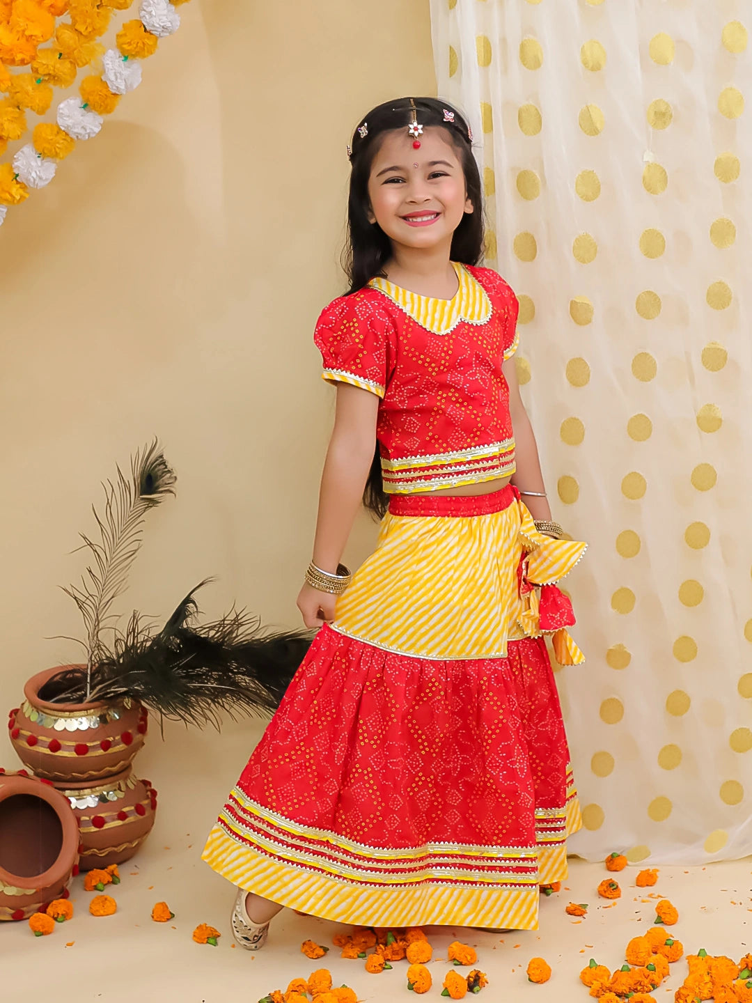 BownBee Bandhani Pure Cotton Short Sleeves Lehenga Choli Set For Girls - Red
