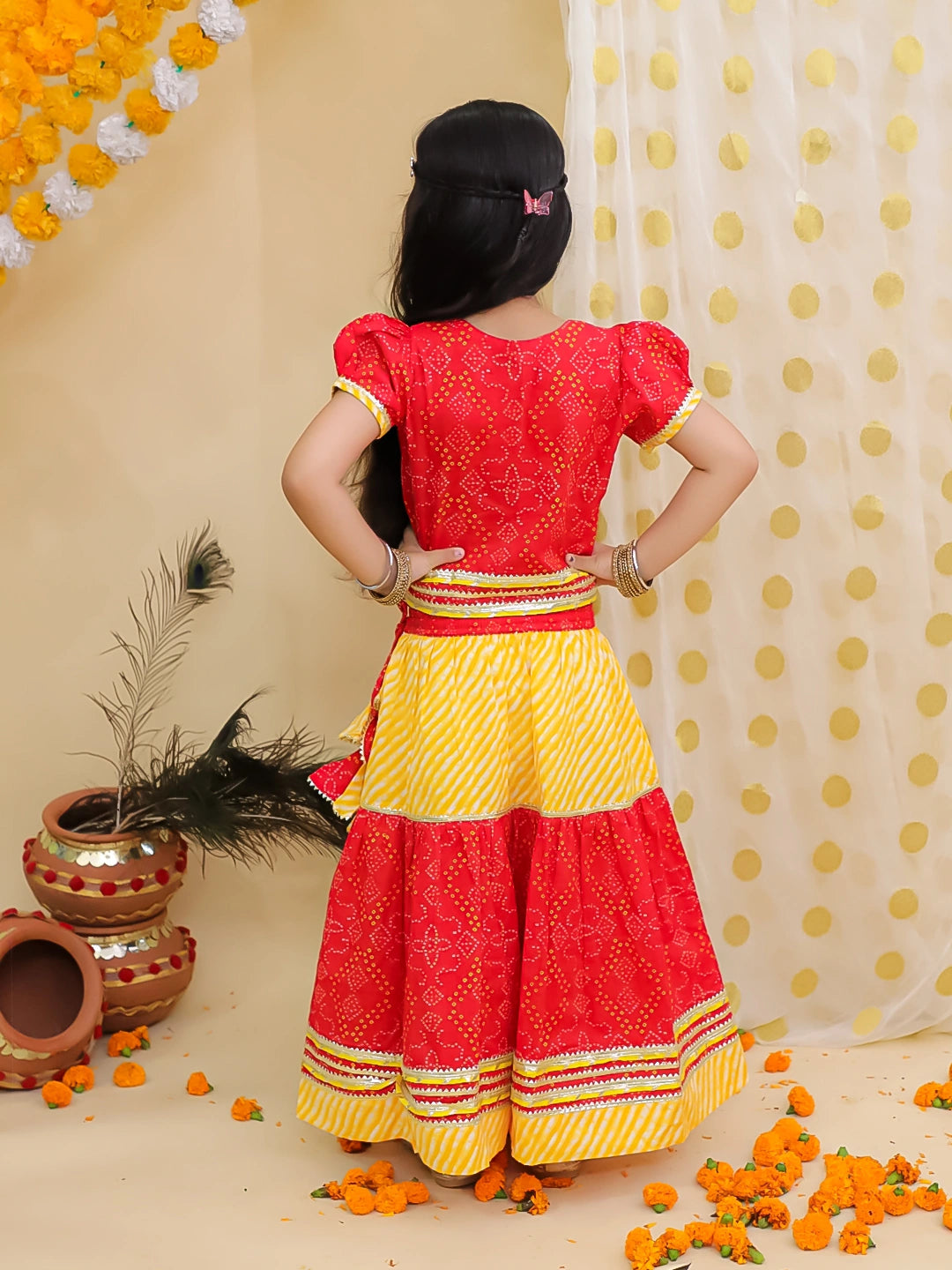 BownBee Bandhani Pure Cotton Short Sleeves Lehenga Choli Set For Girls - Red
