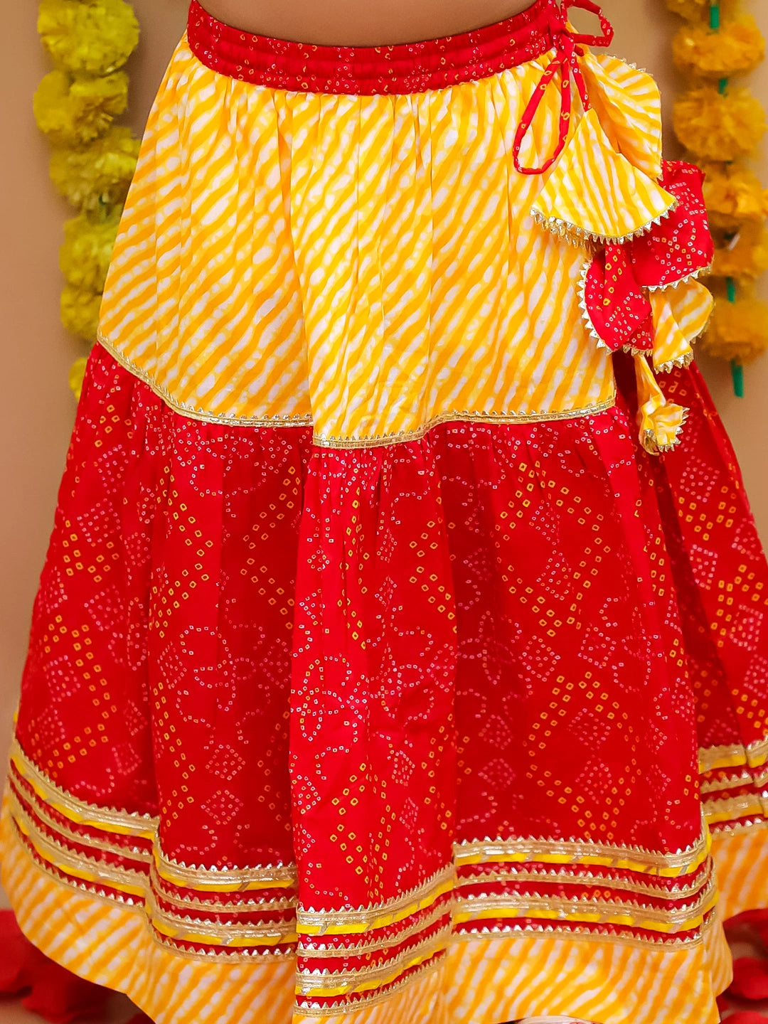 BownBee Bandhani Pure Cotton Short Sleeves Lehenga Choli Set For Girls - Red