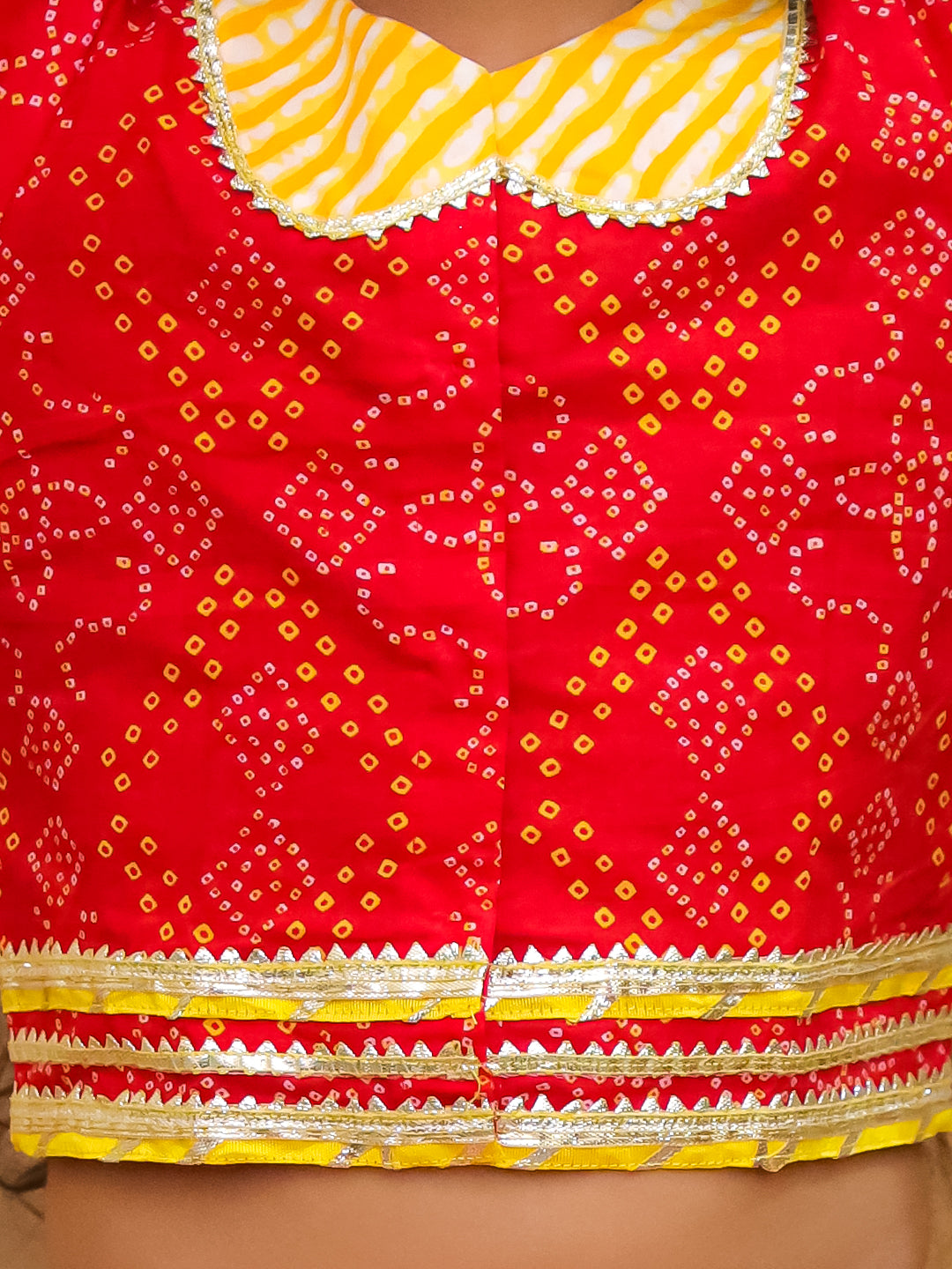 BownBee Bandhani Pure Cotton Short Sleeves Lehenga Choli Set For Girls - Red