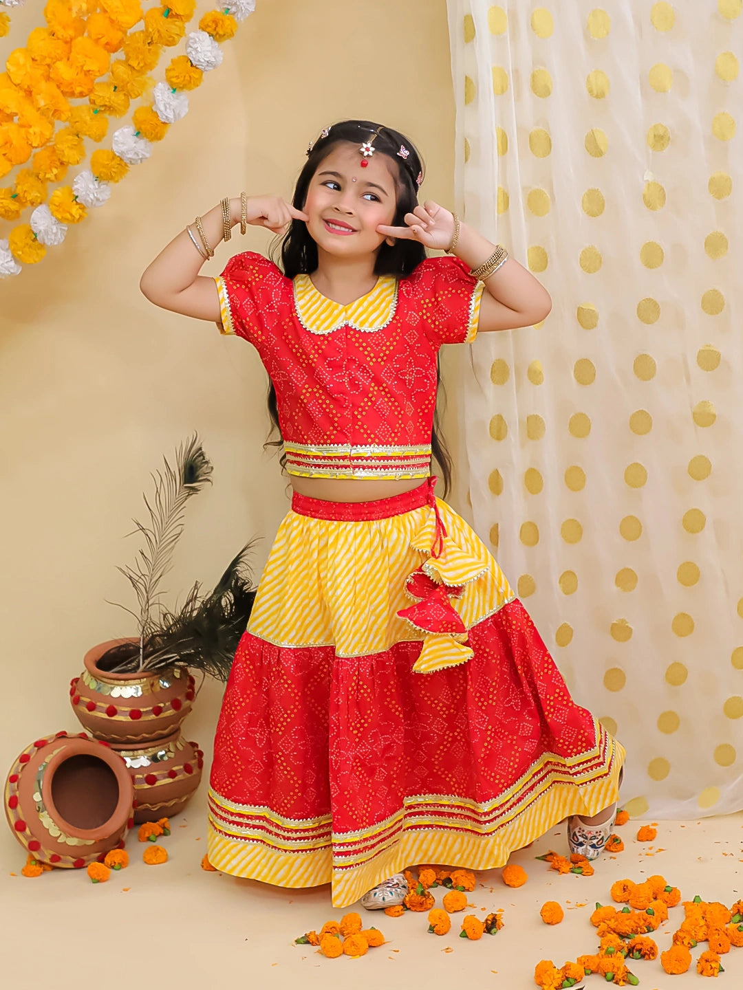 BownBee Bandhani Pure Cotton Short Sleeves Lehenga Choli Set For Girls - Red