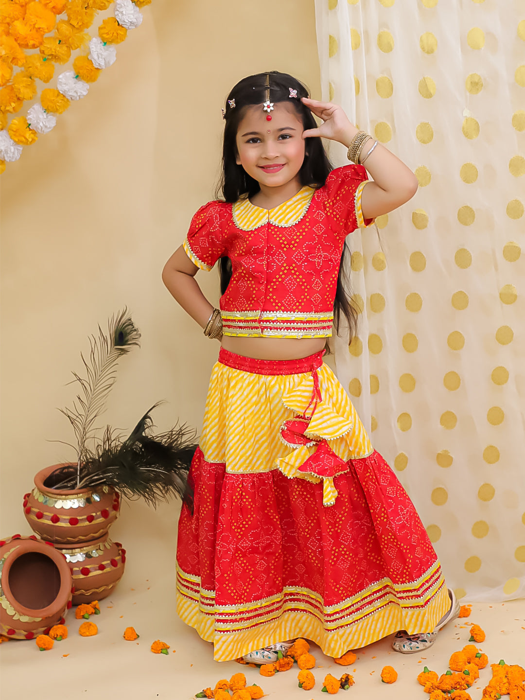BownBee Bandhani Pure Cotton Short Sleeves Lehenga Choli Set For Girls - Red