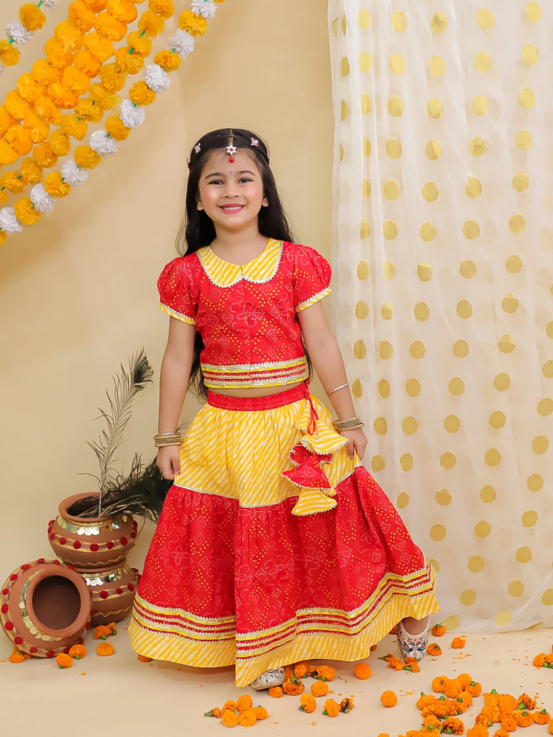 BownBee Bandhani Pure Cotton Short Sleeves Lehenga Choli Set For Girls - Red