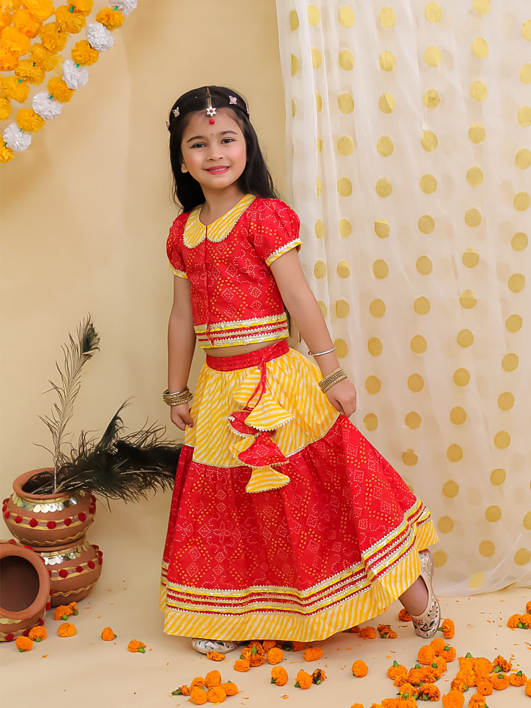 BownBee Bandhani Pure Cotton Short Sleeves Lehenga Choli Set For Girls - Red