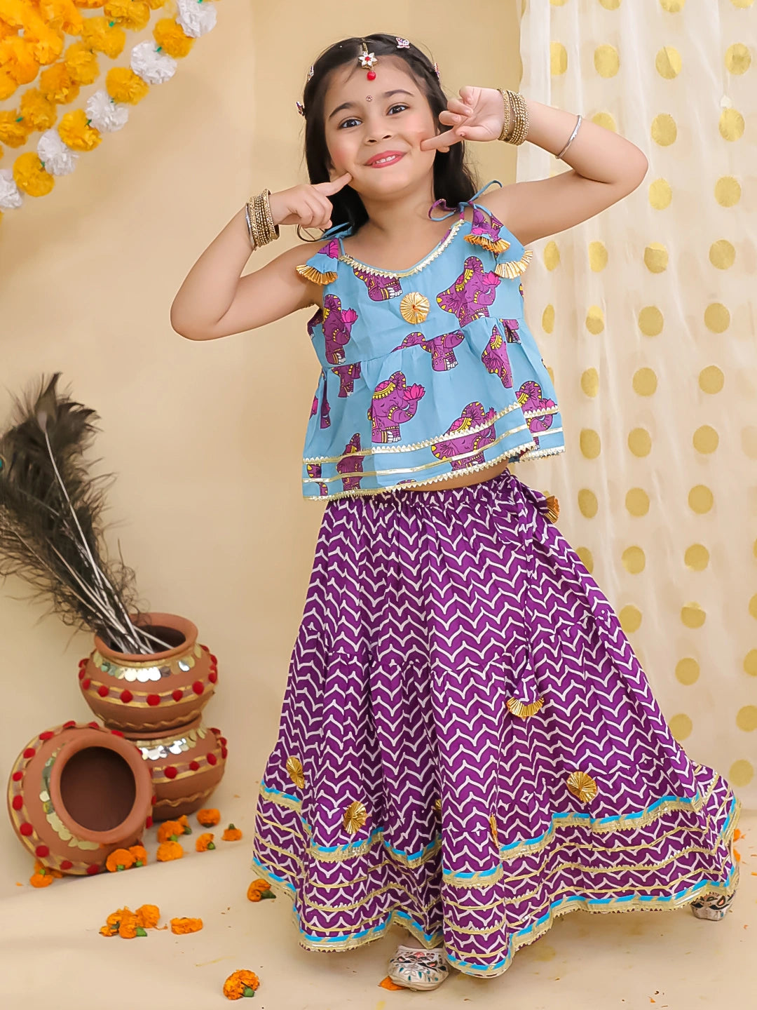 BownBee Festive Quirky Printed  Kanhaiya Dhoti Kurta With Lehenga Choli Sibling Set
