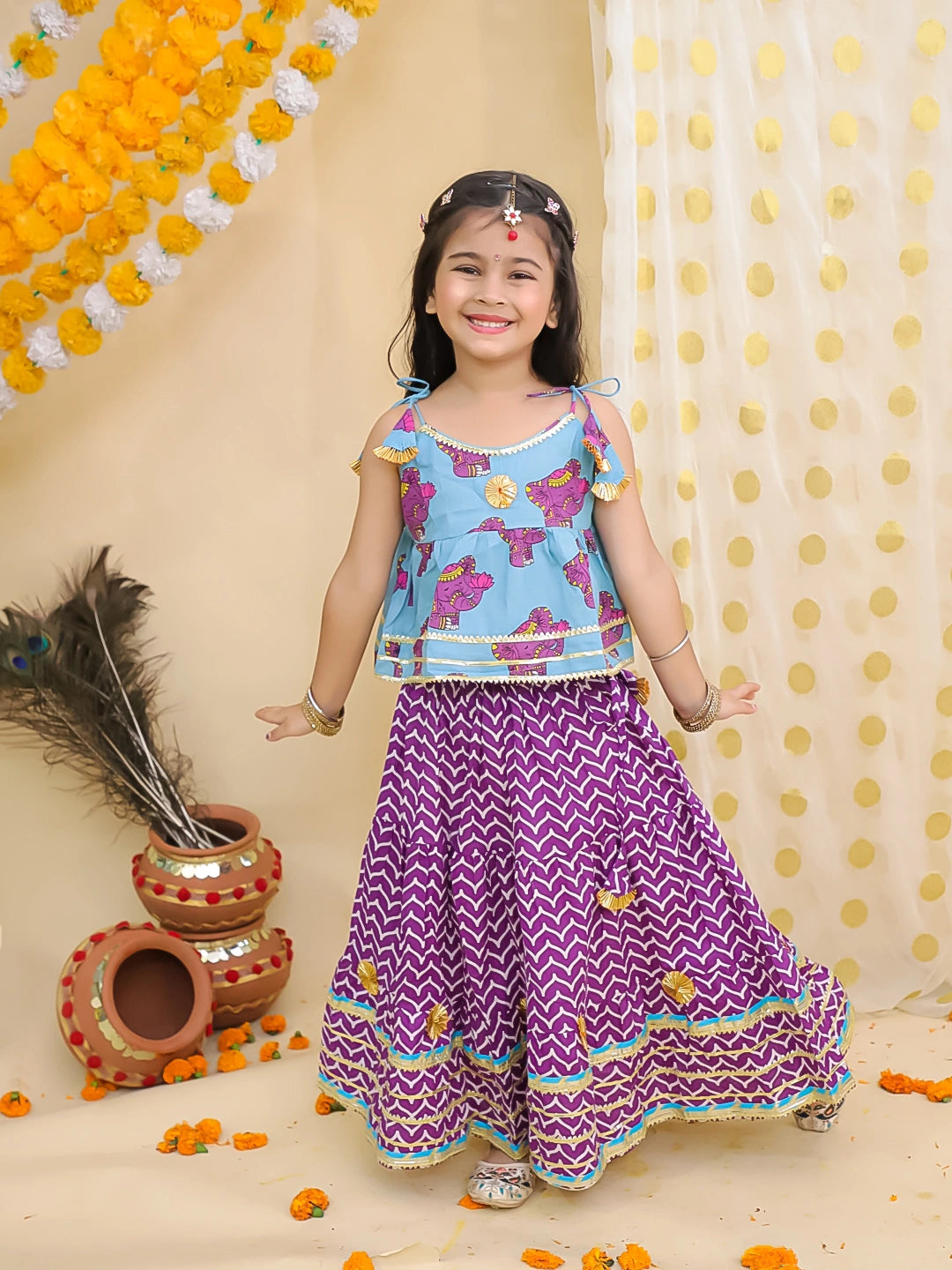 BownBee Festive Quirky Printed  Kanhaiya Dhoti Kurta With Lehenga Choli Sibling Set