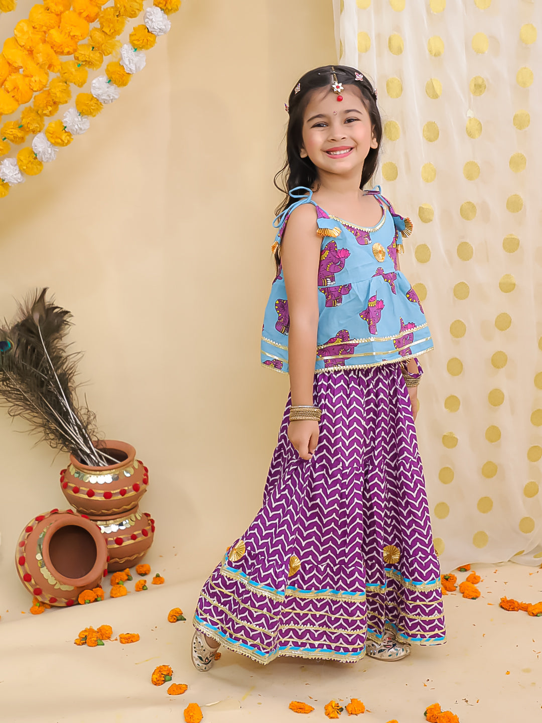 BownBee Festive Quirky Printed  Kanhaiya Dhoti Kurta With Lehenga Choli Sibling Set