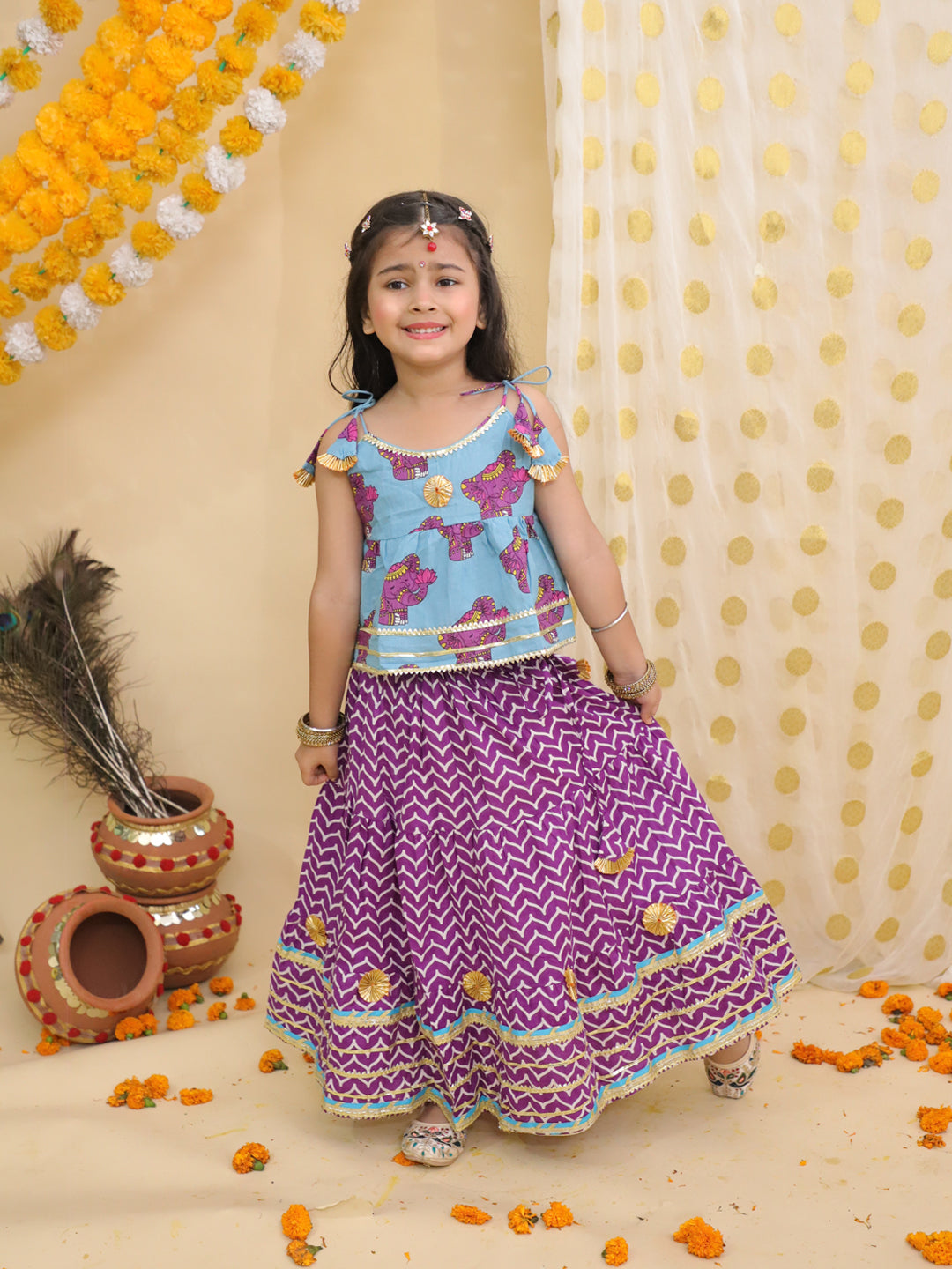 BownBee Festive Quirky Printed  Kanhaiya Dhoti Kurta With Lehenga Choli Sibling Set