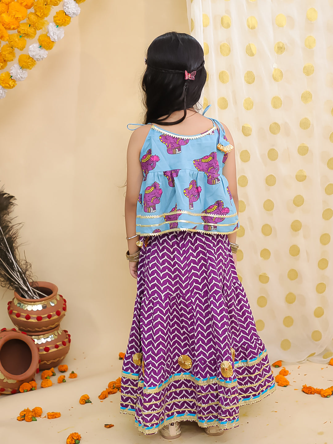 BownBee Festive Quirky Printed  Kanhaiya Dhoti Kurta With Lehenga Choli Sibling Set