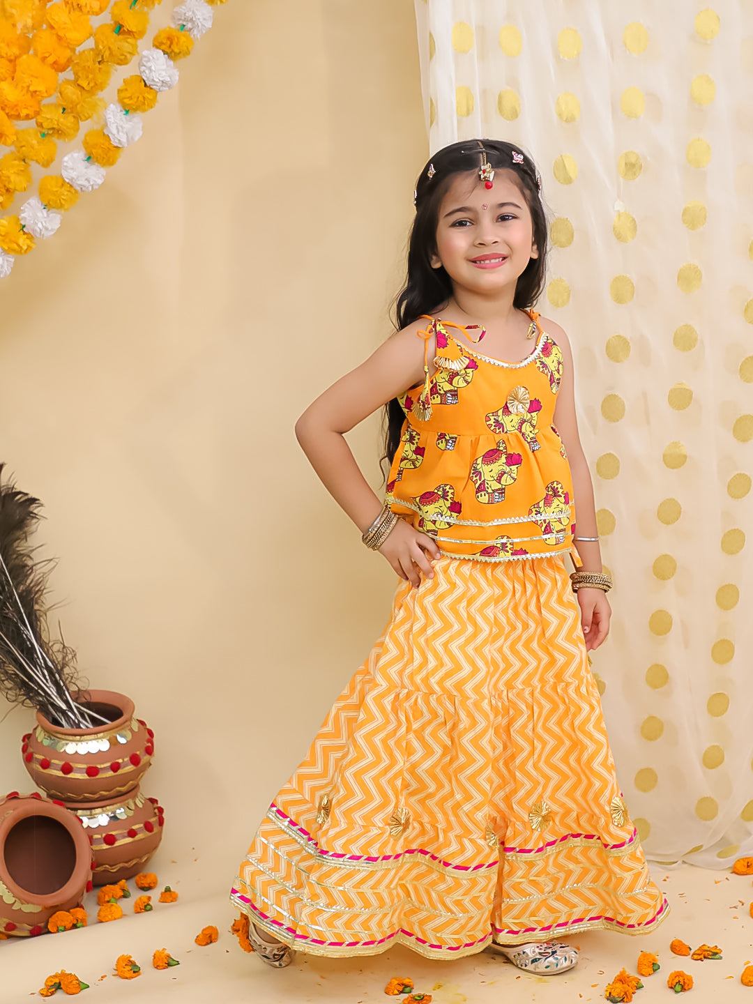 BownBee Festive Quirky Printed  Kanhaiya Dhoti Kurta With Lehenga Choli Sibling Set - Orange