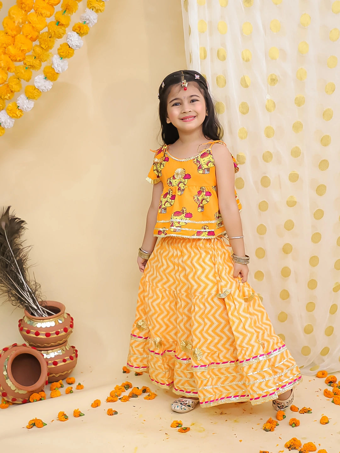 BownBee Festive Quirky Printed  Kanhaiya Dhoti Kurta With Lehenga Choli Sibling Set