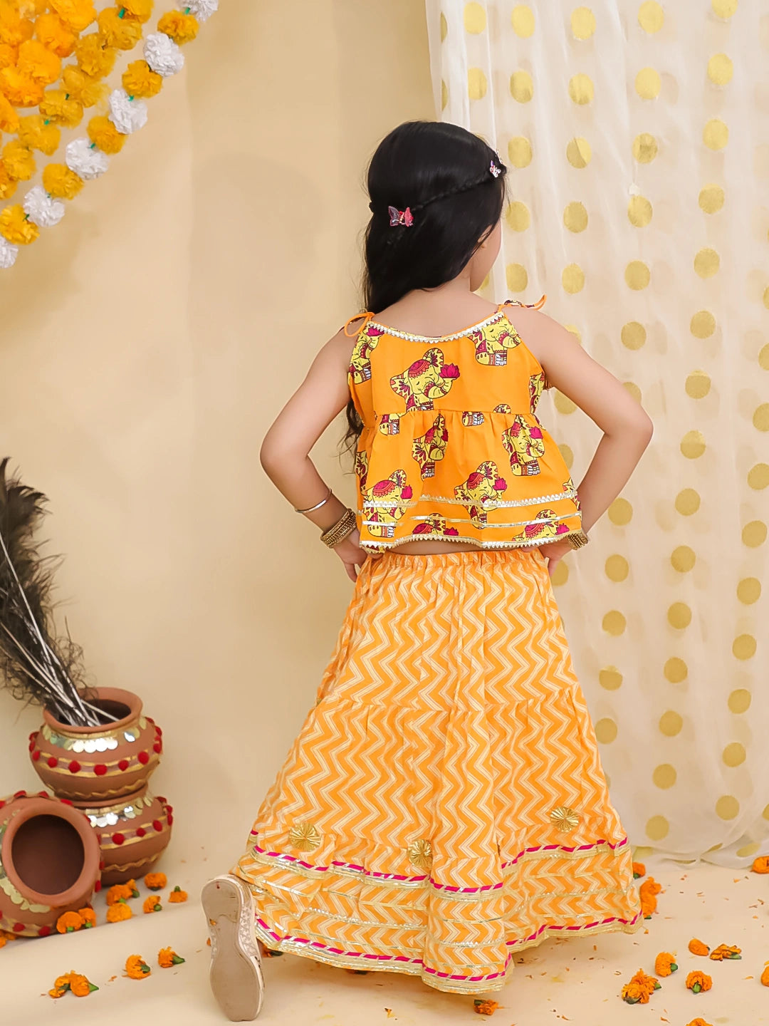 BownBee Festive Quirky Printed  Kanhaiya Dhoti Kurta With Lehenga Choli Sibling Set