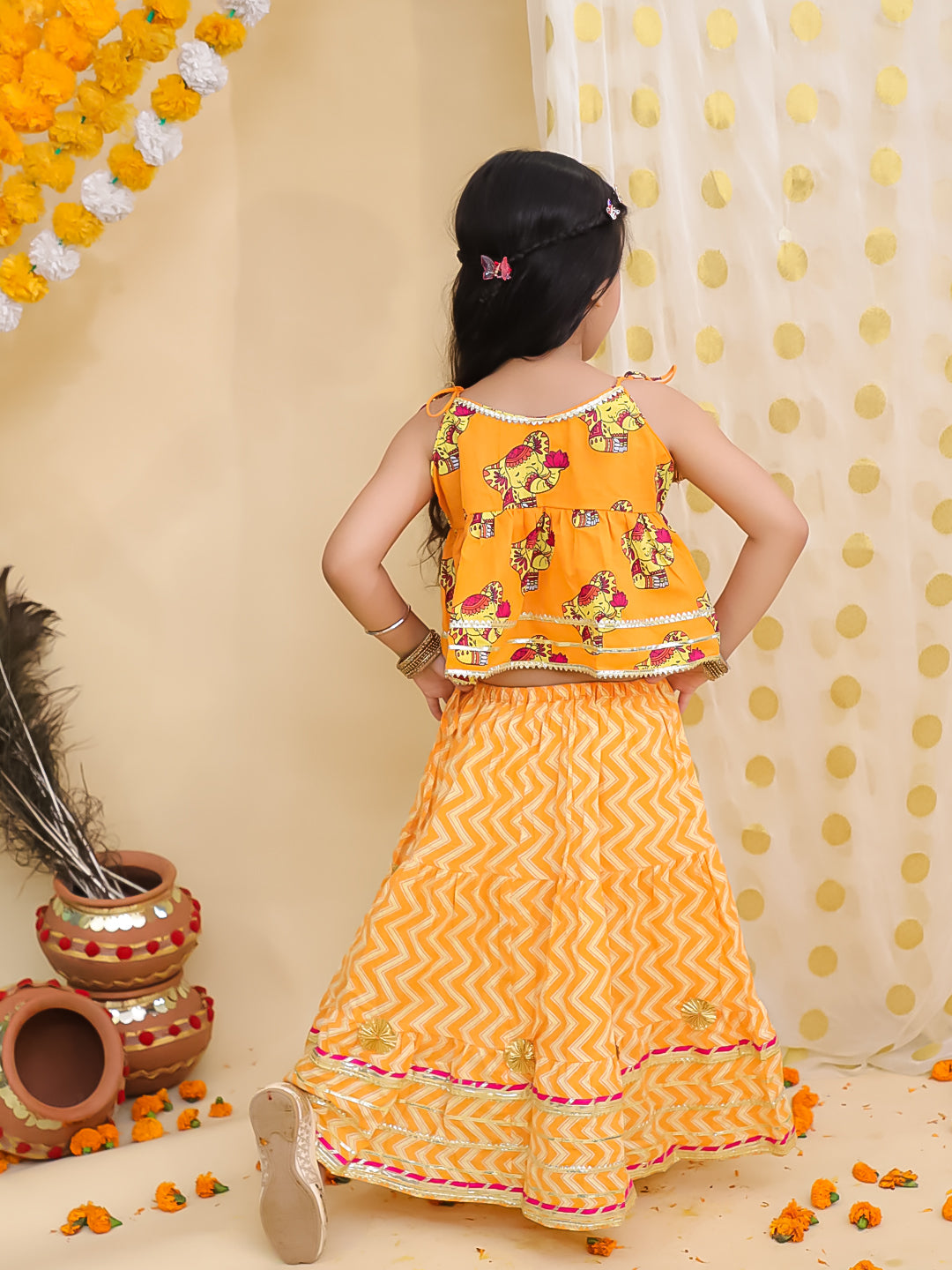 BownBee Pure Cotton Monkey Printed Lehenga Choli For Girls -Yellow