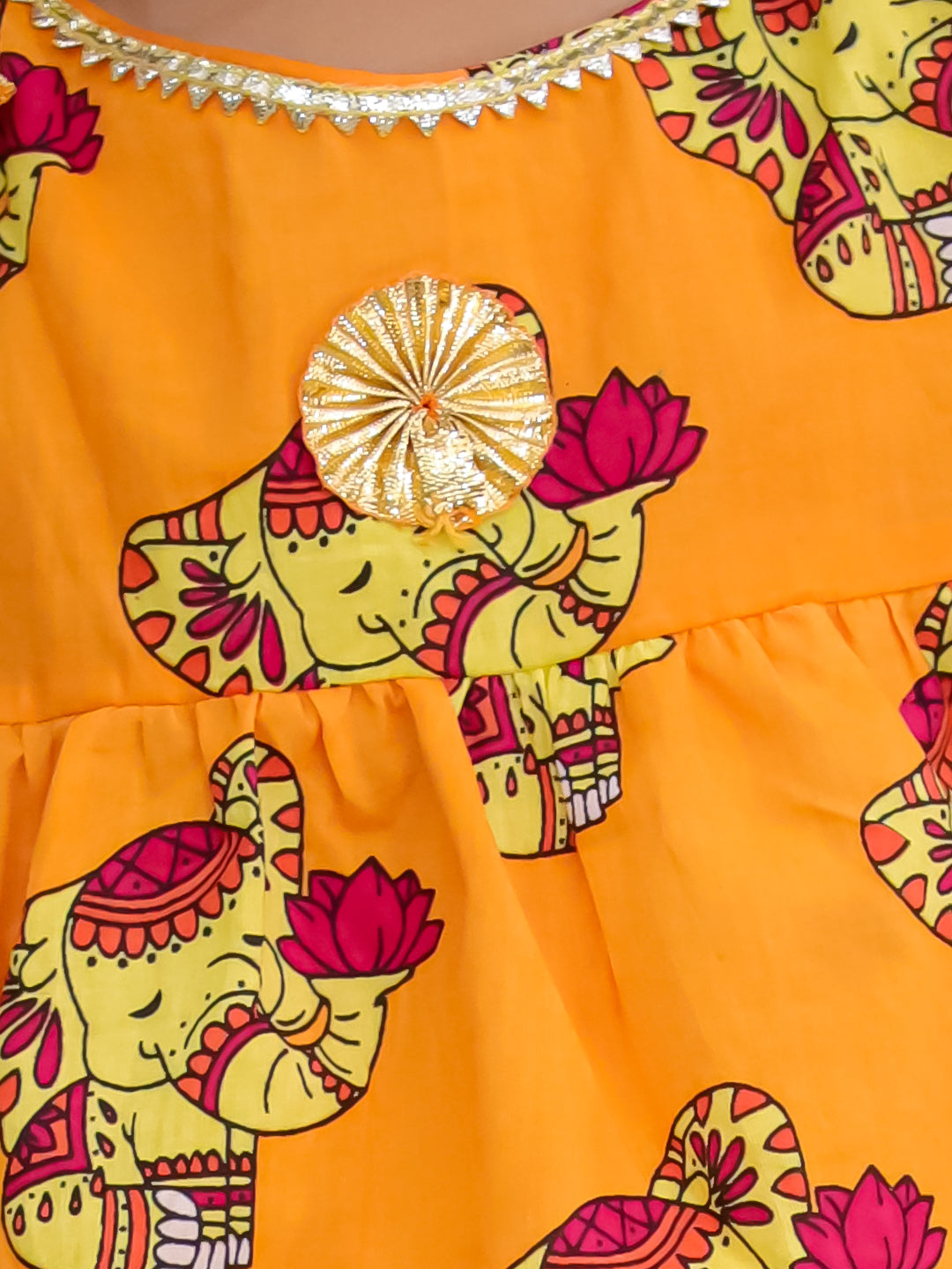 BownBee Pure Cotton Monkey Printed Lehenga Choli For Girls -Yellow