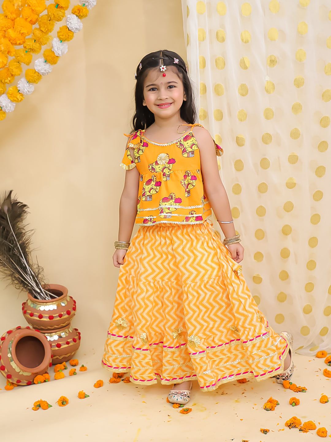BownBee Pure Cotton Monkey Printed Lehenga Choli For Girls -Yellow
