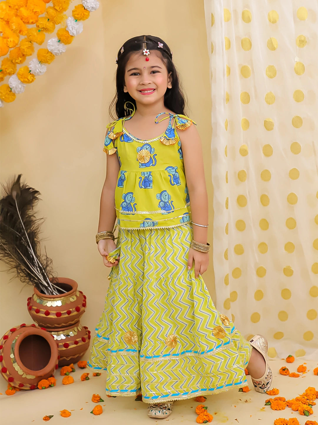 BownBee Festive Quirky Printed Dhoti Kurta With Lehenga Choli Sibling Set