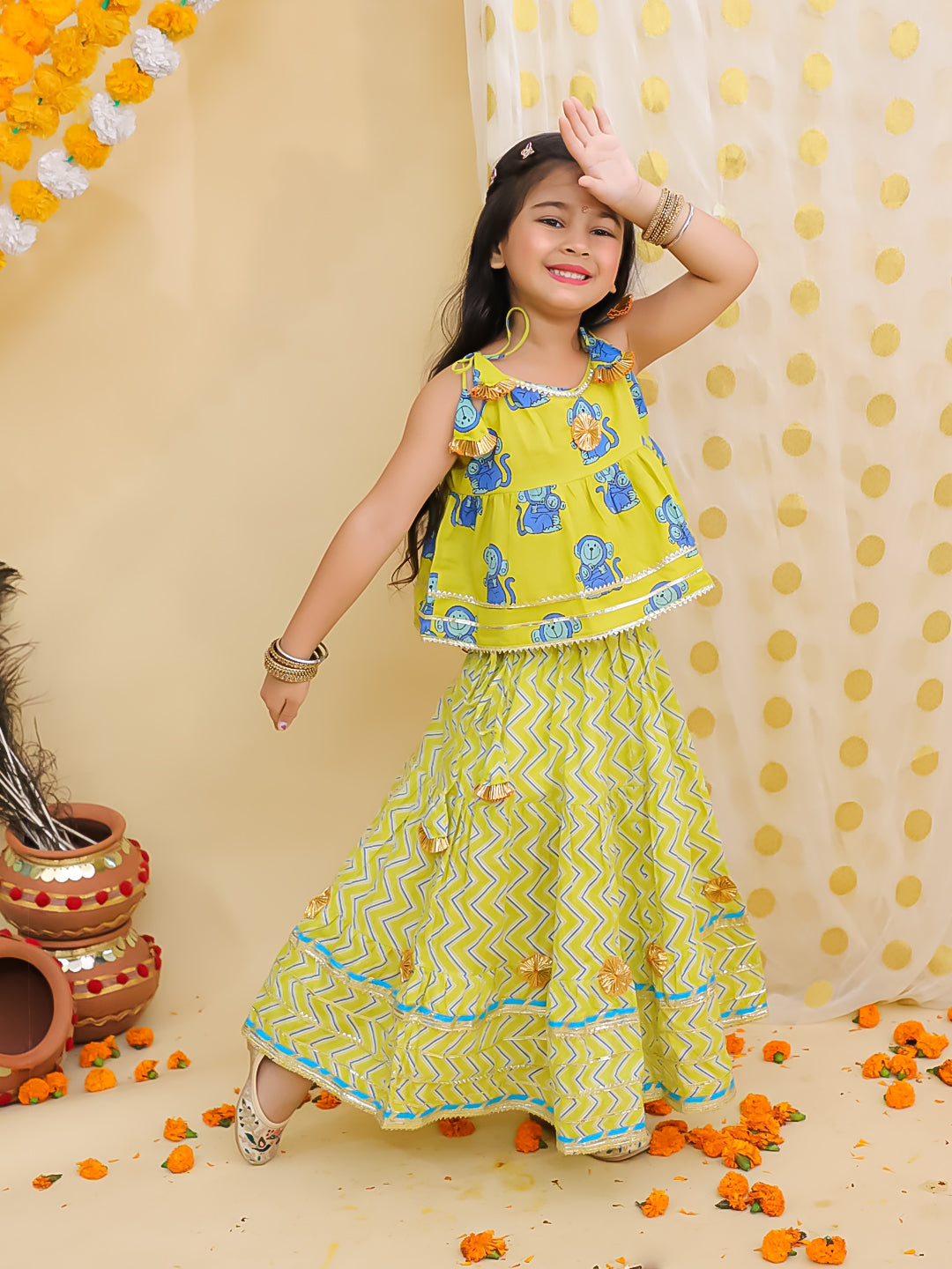 BownBee Pure Cotton Monkey Printed Lehenga Choli For Girls -Yellow