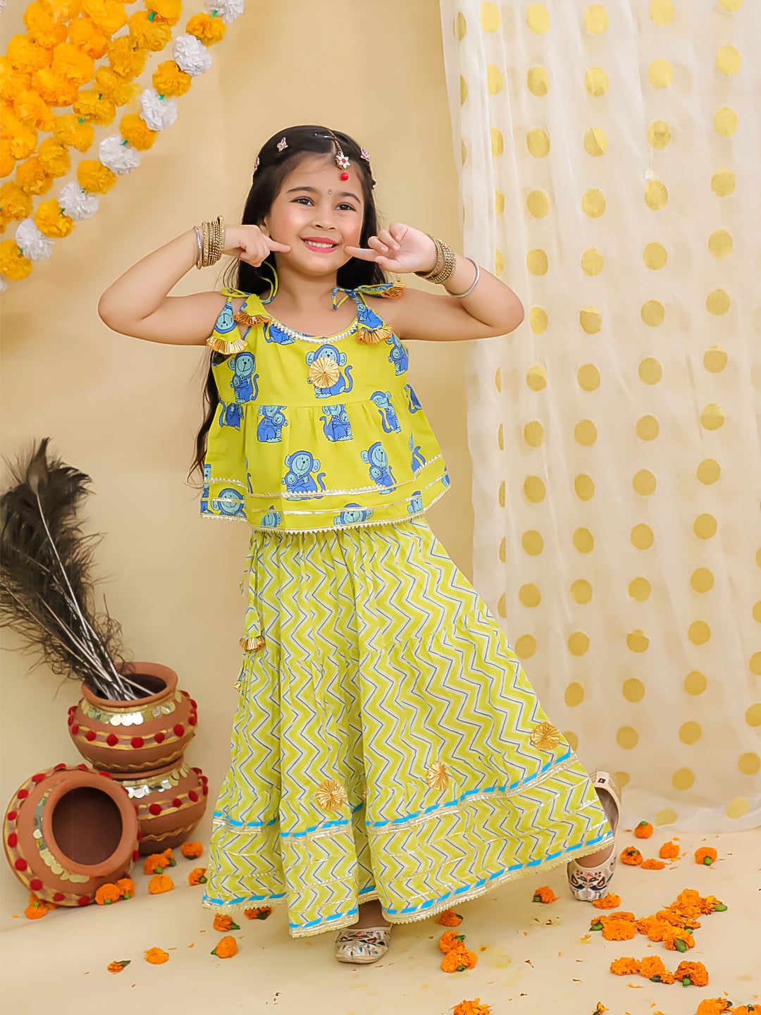 BownBee Pure Cotton Monkey Printed Lehenga Choli For Girls -Yellow