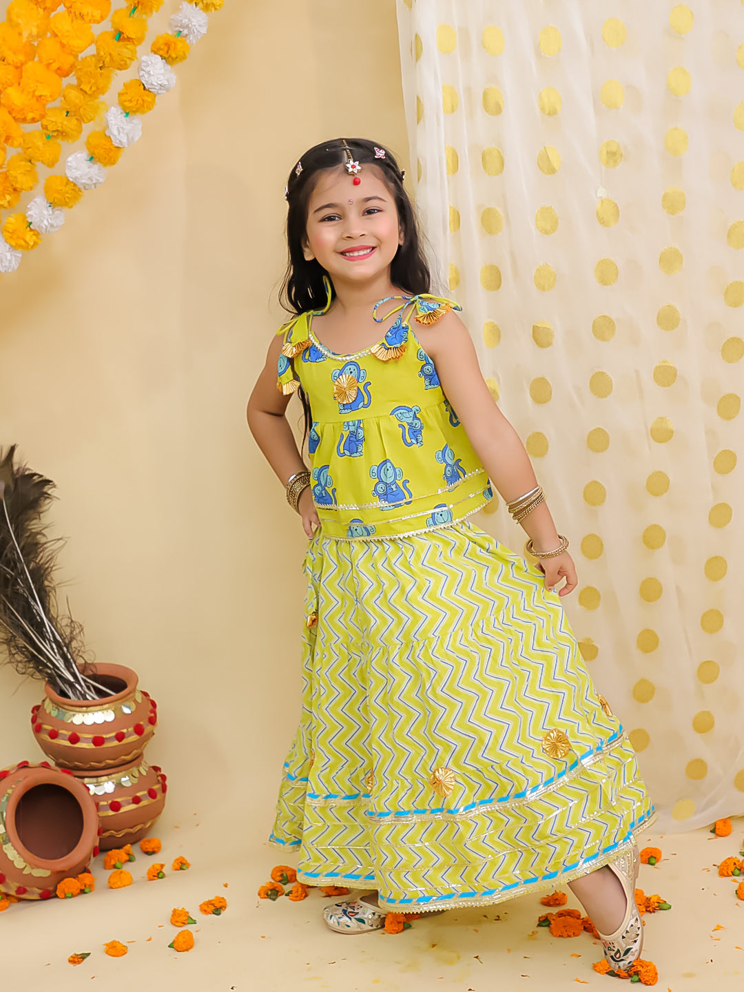 BownBee Pure Cotton Monkey Printed Lehenga Choli For Girls -Yellow