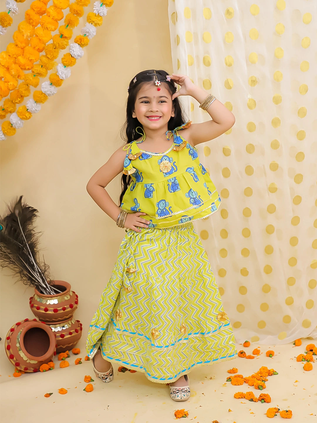 BownBee Festive Quirky Printed Dhoti Kurta With Lehenga Choli Sibling Set