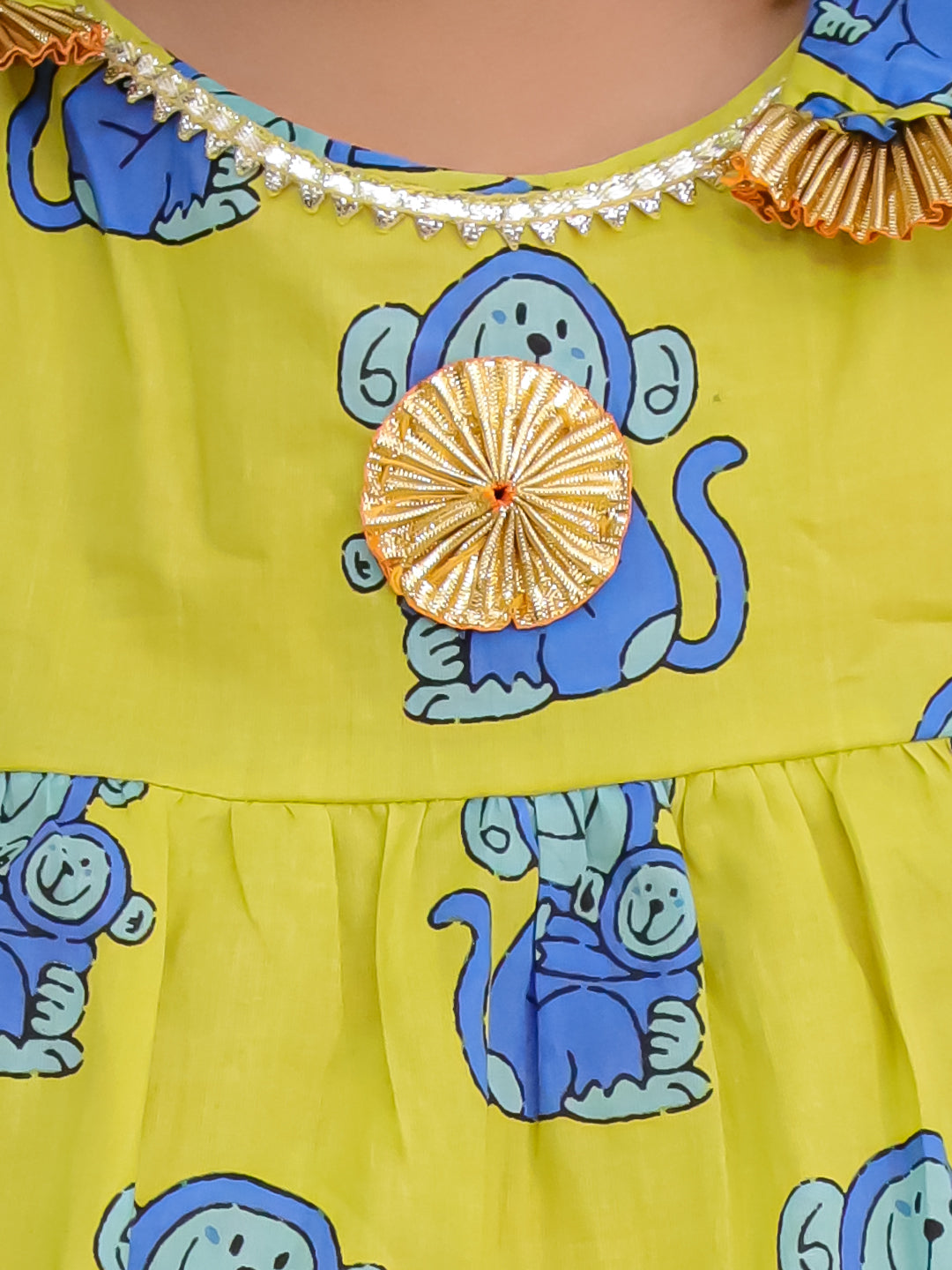 BownBee Pure Cotton Monkey Printed Lehenga Choli For Girls -Yellow
