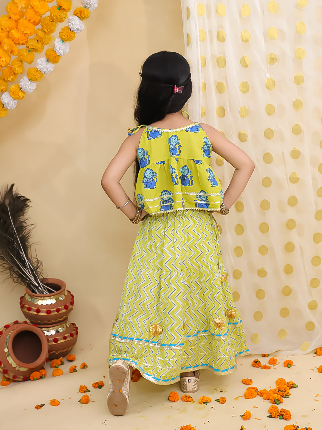 BownBee Pure Cotton Monkey Printed Lehenga Choli For Girls -Yellow