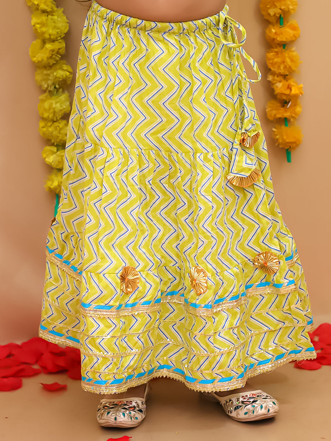 BownBee Pure Cotton Monkey Printed Lehenga Choli For Girls -Yellow