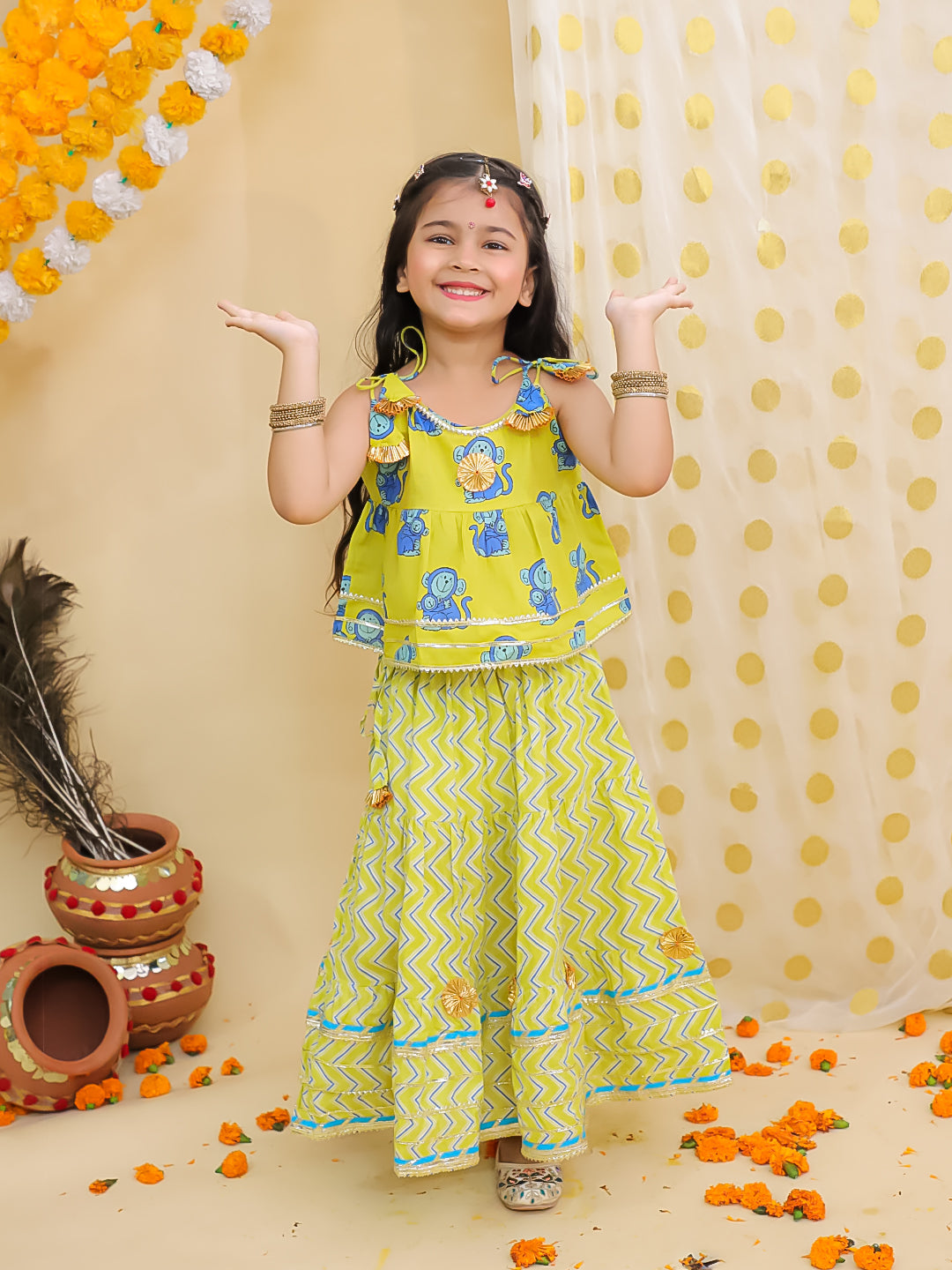 BownBee Pure Cotton Monkey Printed Lehenga Choli For Girls -Yellow