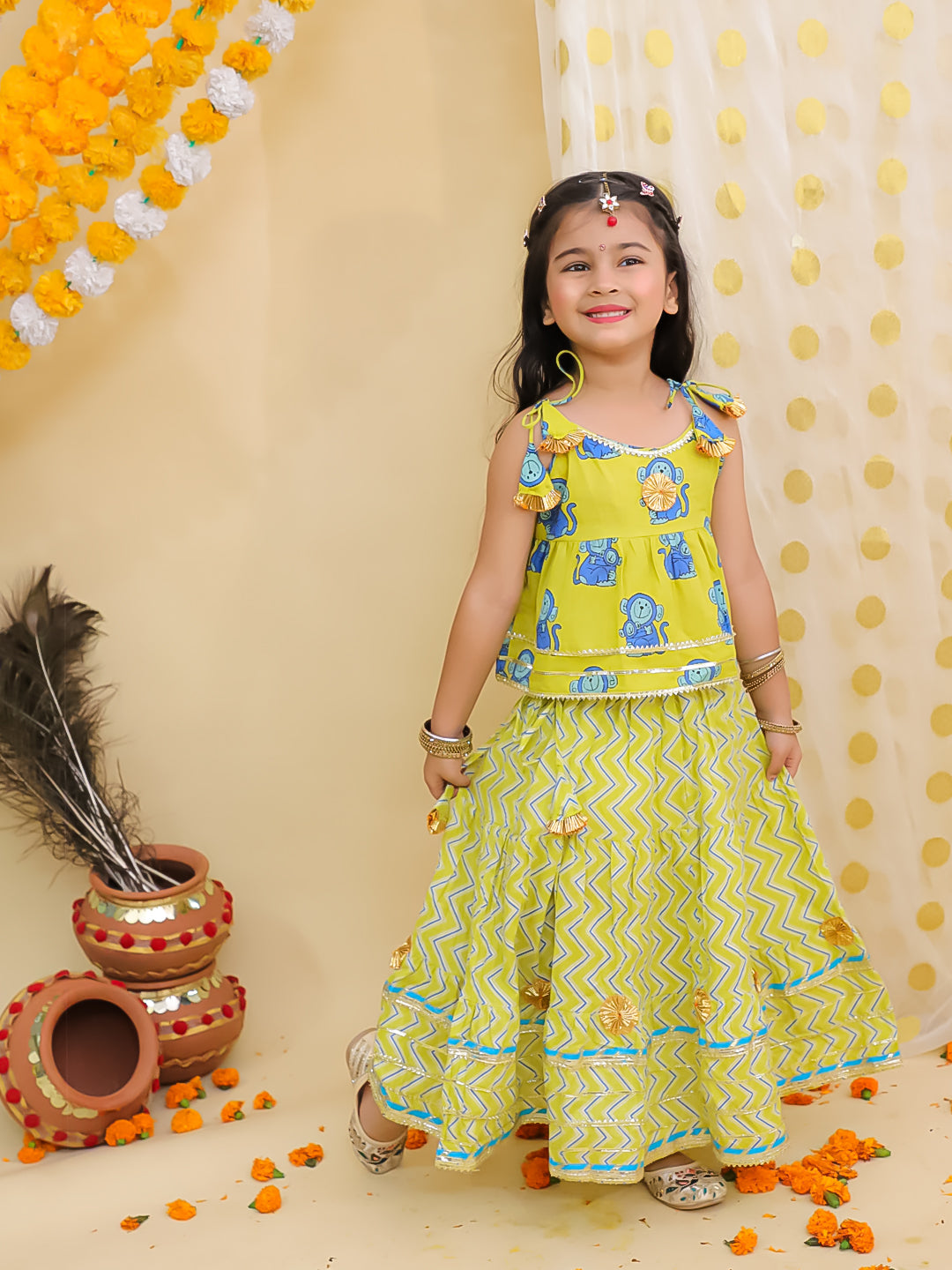 BownBee Pure Cotton Monkey Printed Lehenga Choli For Girls -Yellow